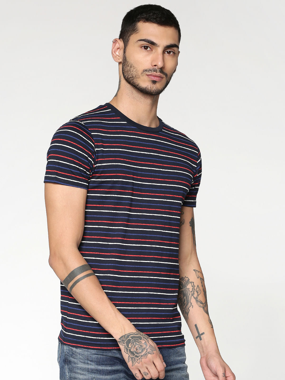 Blue Striped Crew Neck T-Shirt