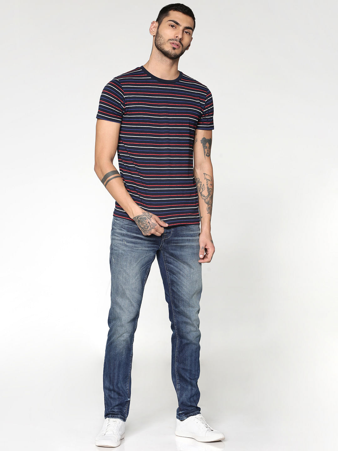 Blue Striped Crew Neck T-Shirt