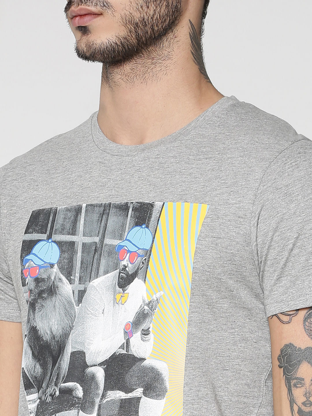 Grey Graphic Print Crew Neck T-Shirt