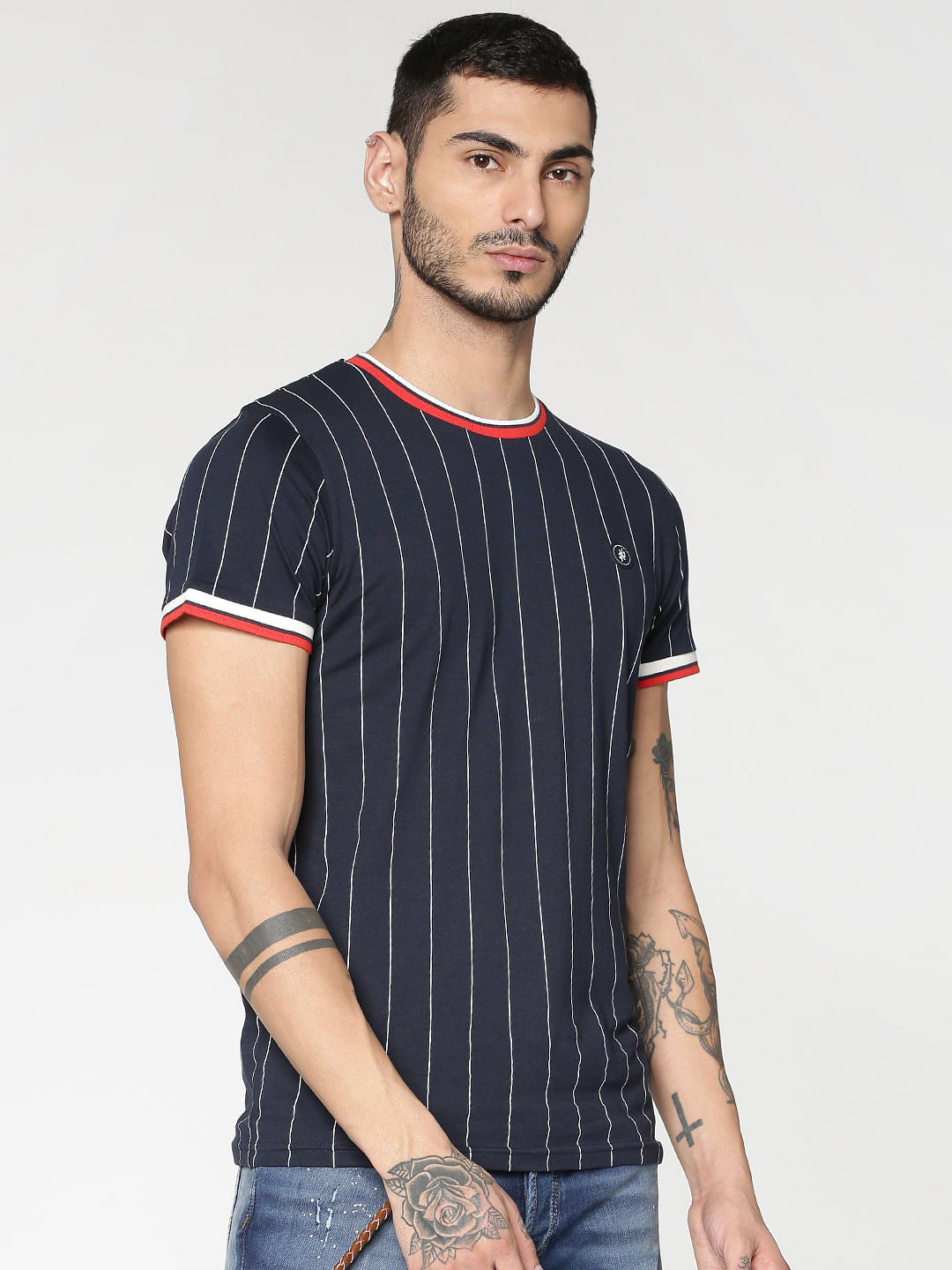 Blue Striped Contrasting Sleeve And Collar Tipping Crew Neck T-Shirt