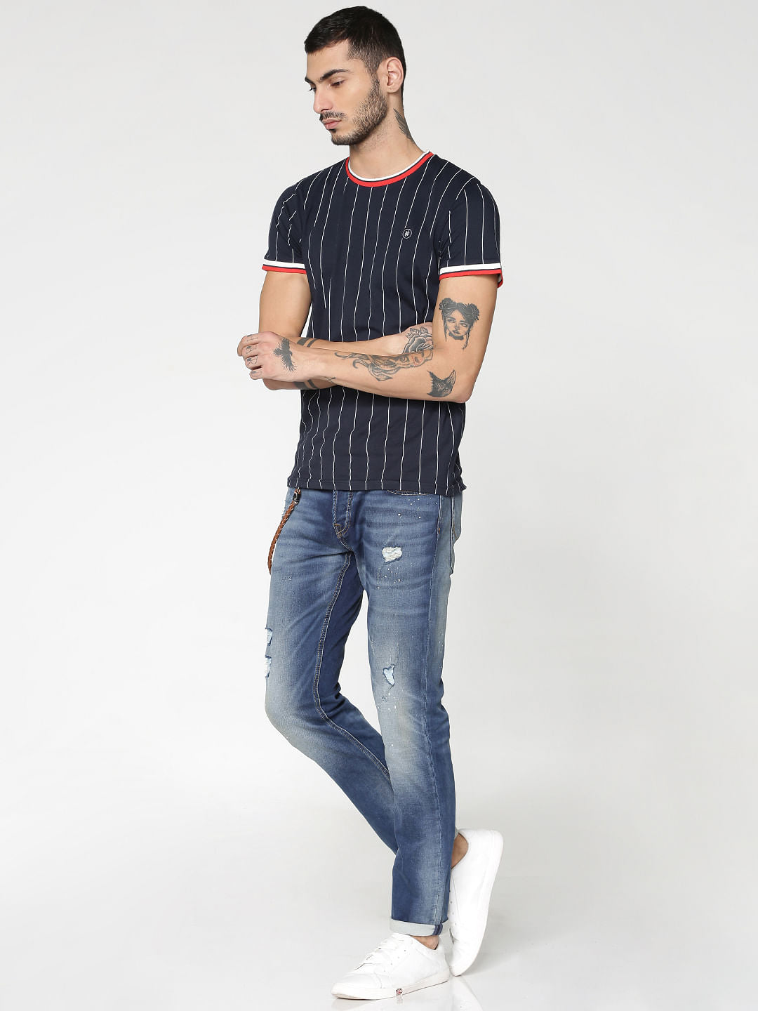 Blue Striped Contrasting Sleeve And Collar Tipping Crew Neck T-Shirt