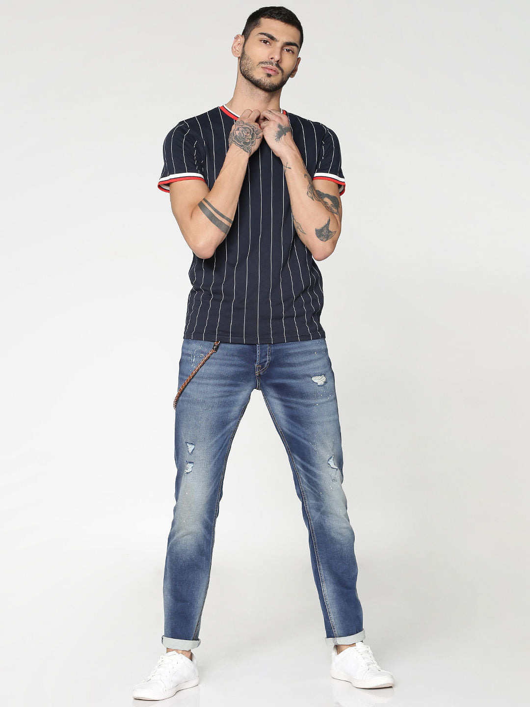 Blue Striped Contrasting Sleeve And Collar Tipping Crew Neck T-Shirt