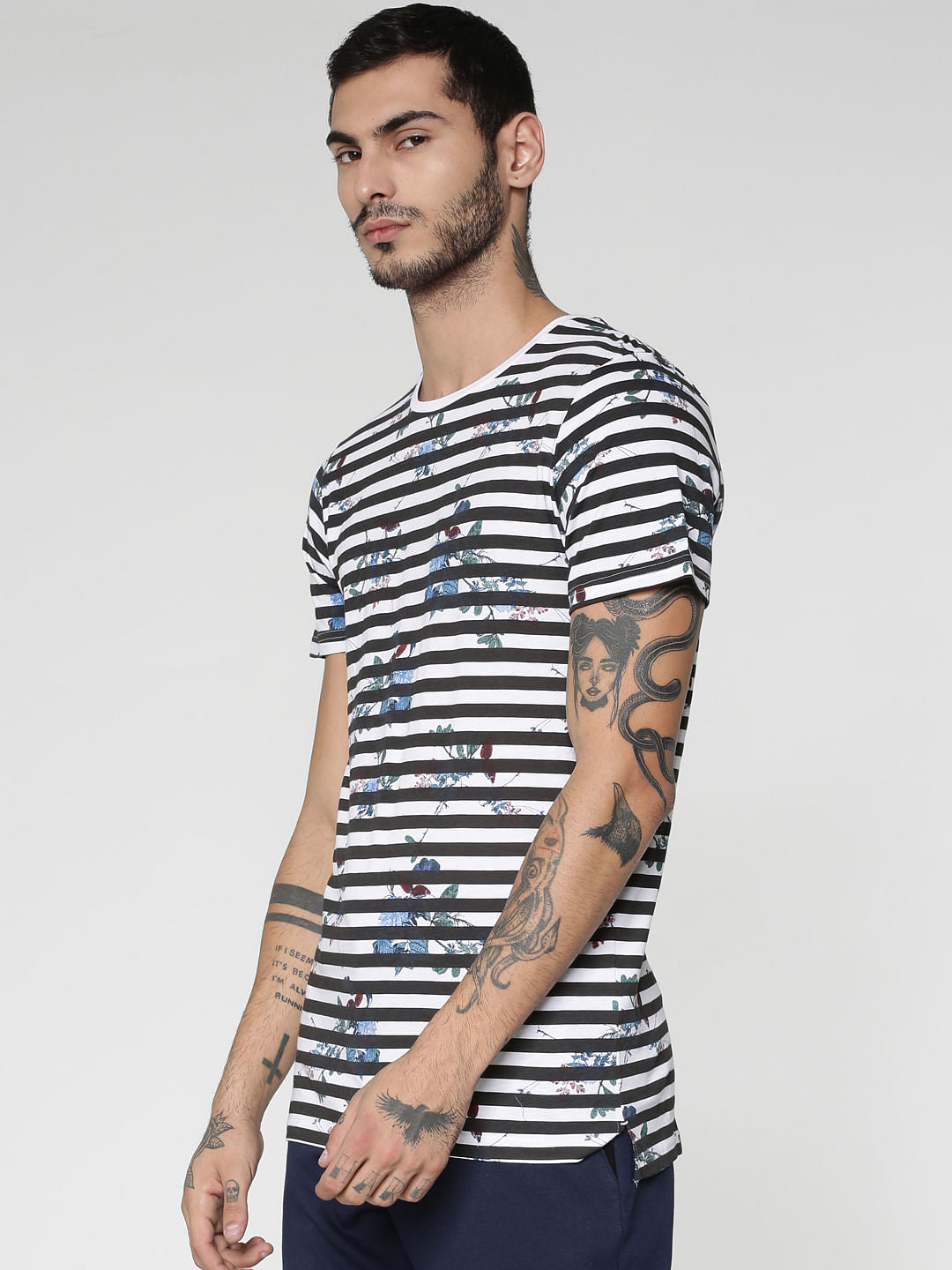 White Striped Floral Print Crew Neck T-Shirt