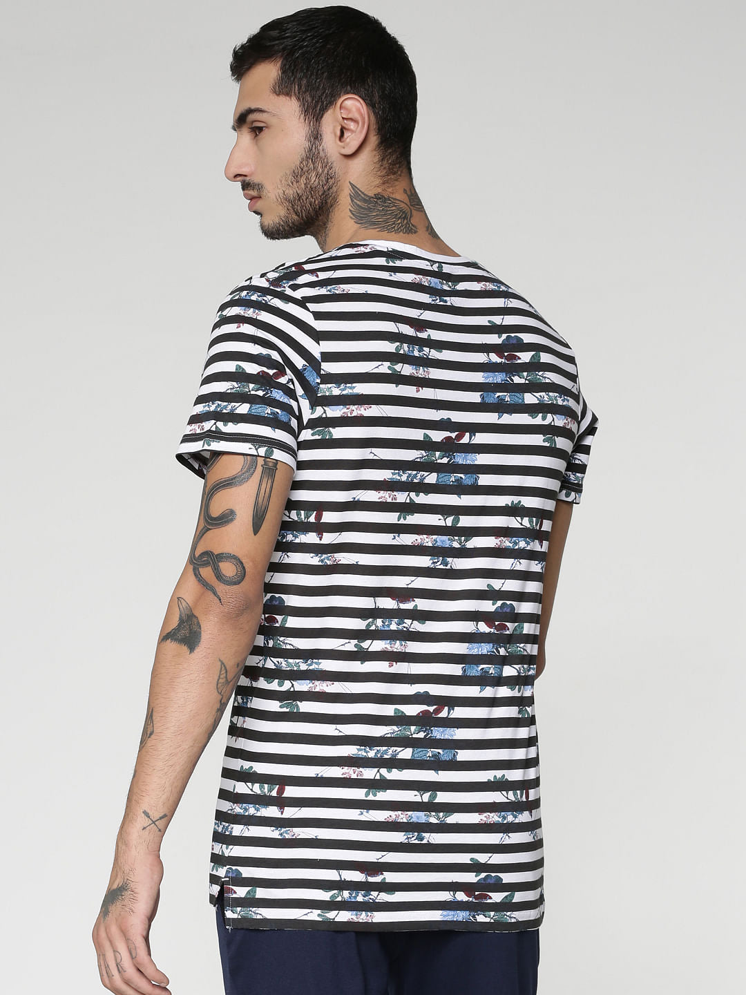 White Striped Floral Print Crew Neck T-Shirt