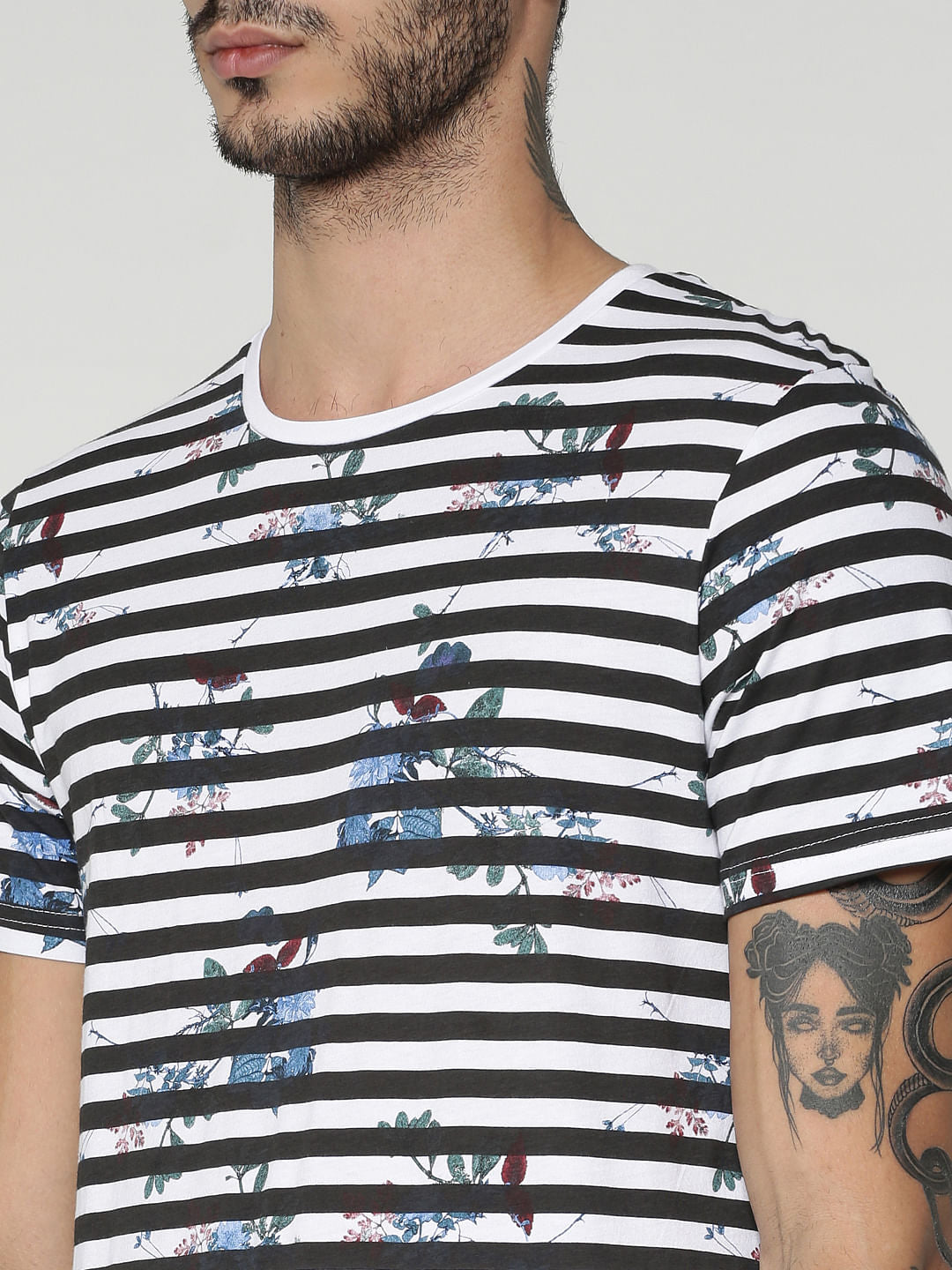 White Striped Floral Print Crew Neck T-Shirt