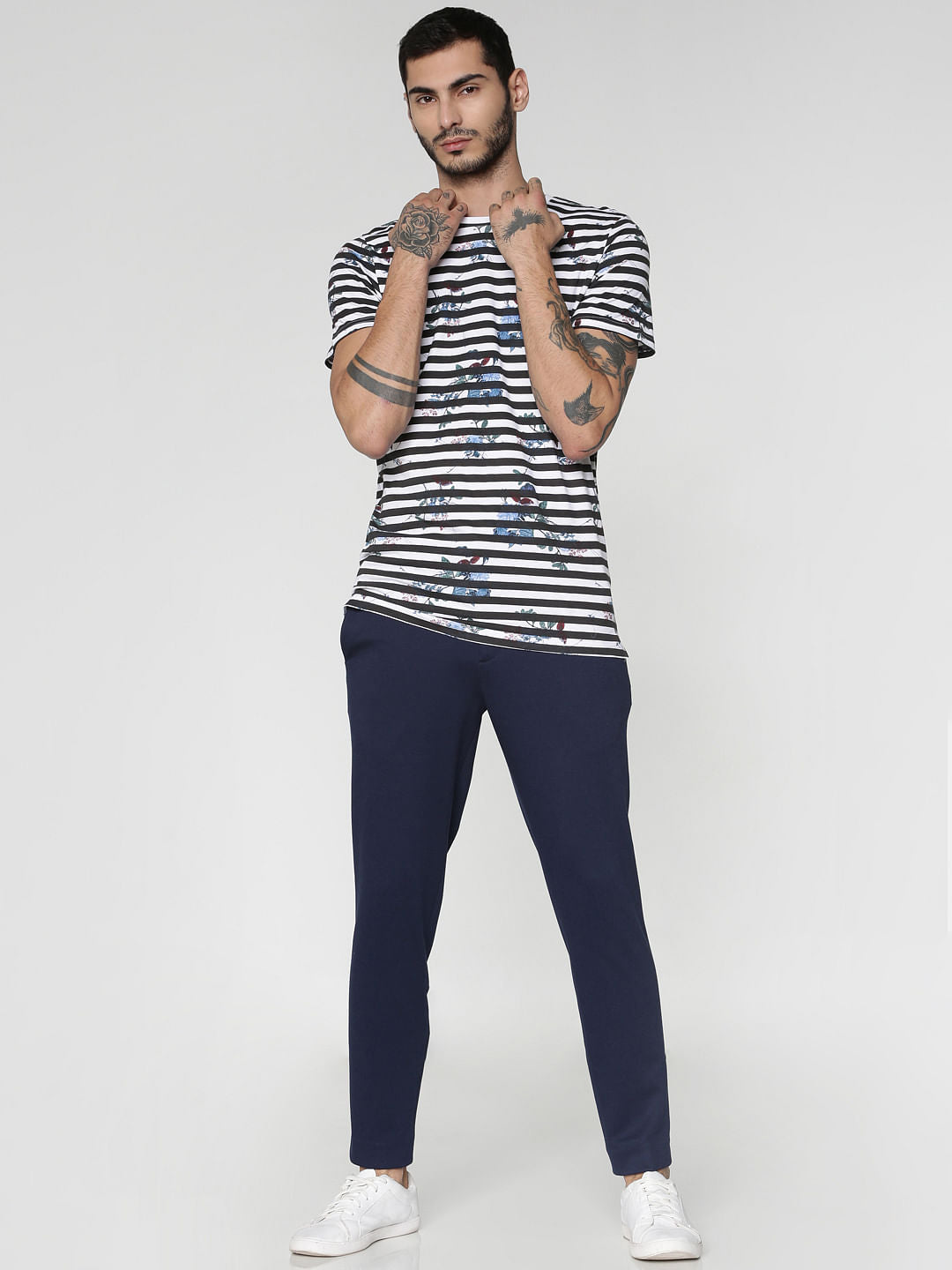 White Striped Floral Print Crew Neck T-Shirt