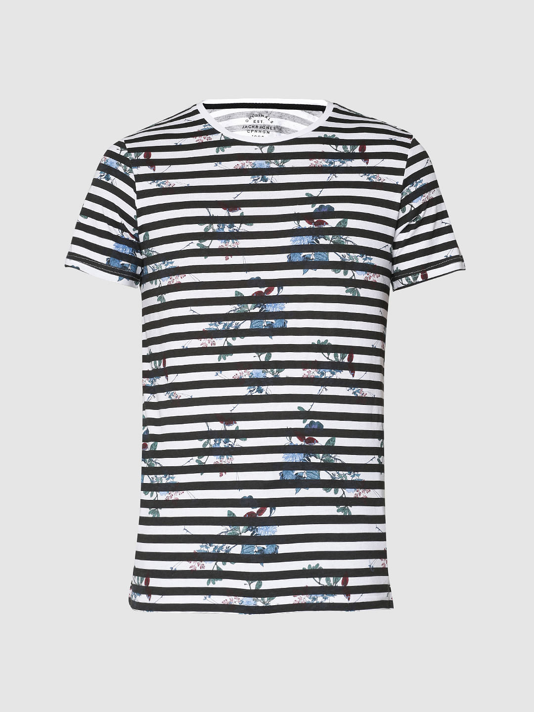 White Striped Floral Print Crew Neck T-Shirt