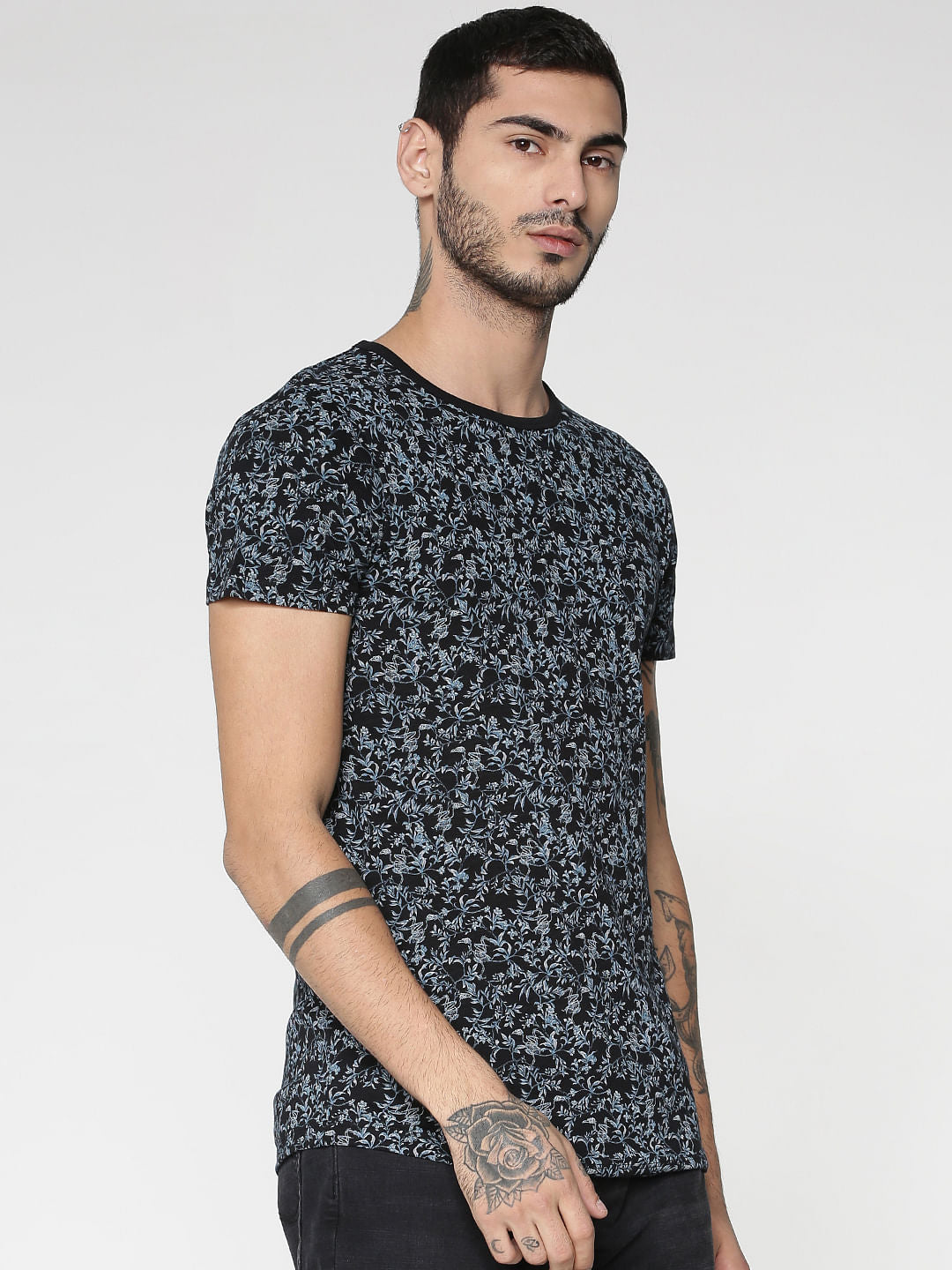 Black All Over Floral Print Slim Fit Crew Neck T-Shirt