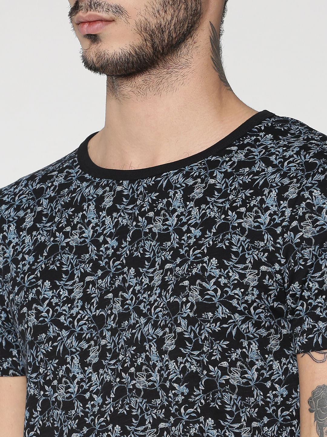 Black All Over Floral Print Slim Fit Crew Neck T-Shirt
