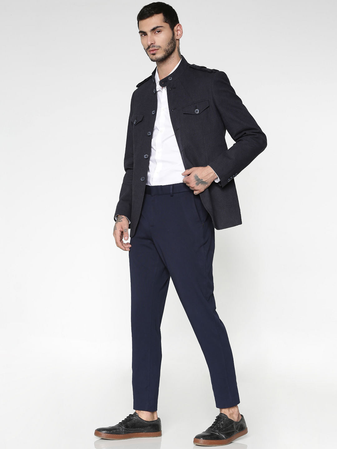 Navy Blue Mandarin Collar Slim Fit Blazer
