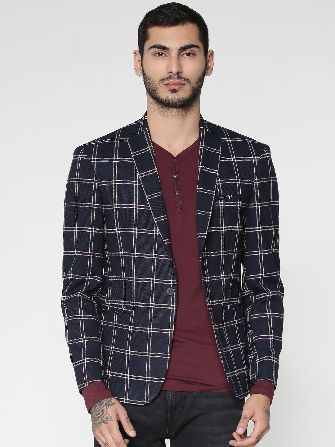 Navy Blue Check Single Button Slim Fit Blazer