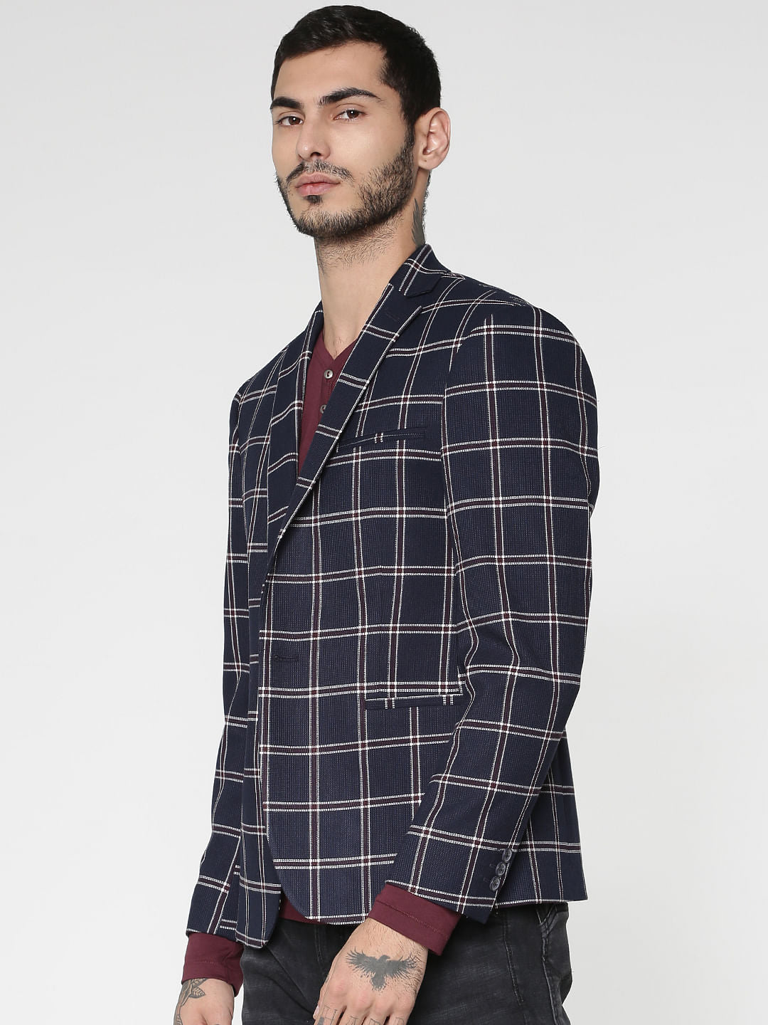 Navy Blue Check Single Button Slim Fit Blazer
