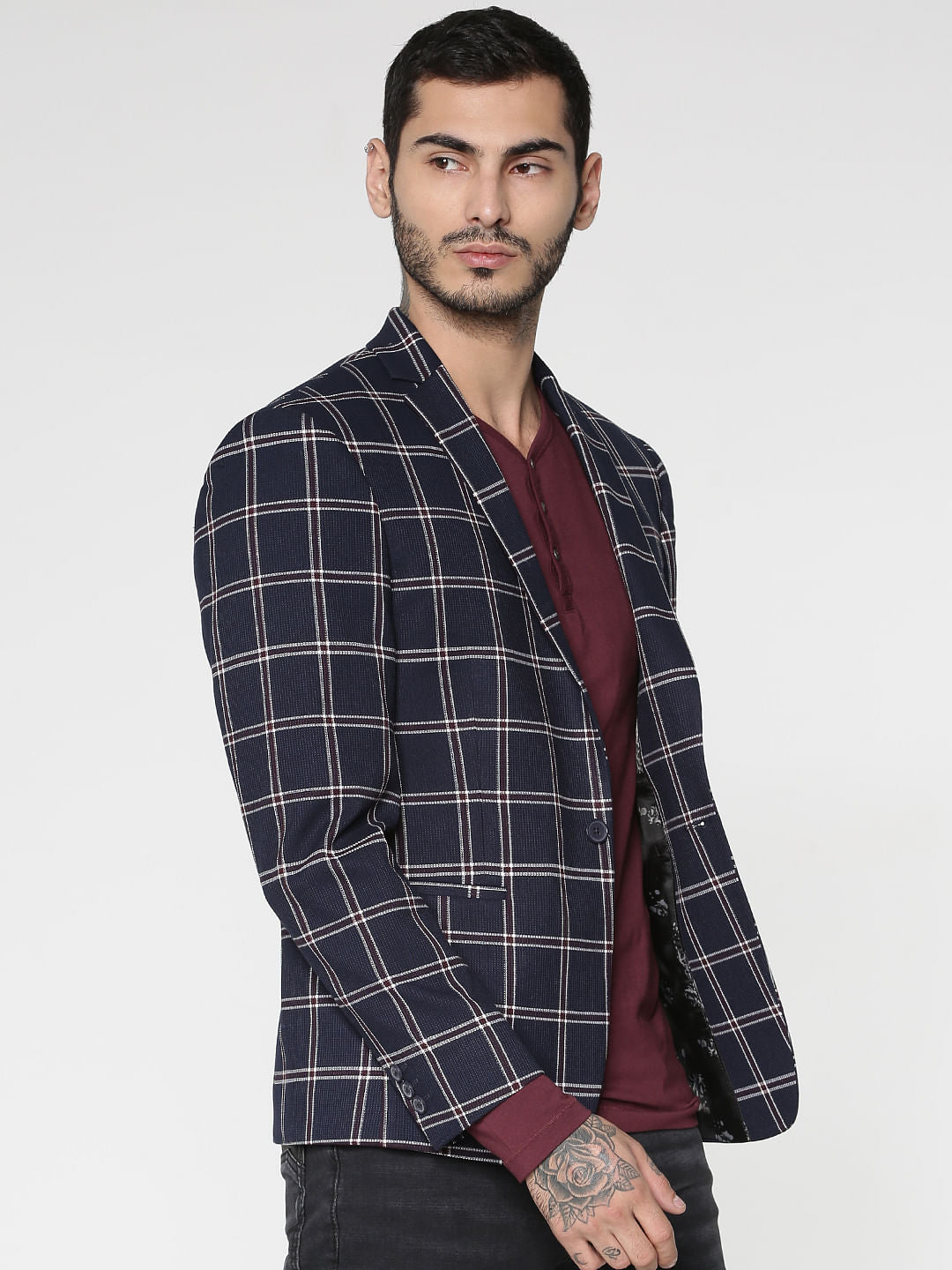 Navy Blue Check Single Button Slim Fit Blazer