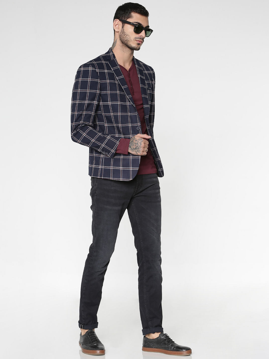 Navy Blue Check Single Button Slim Fit Blazer