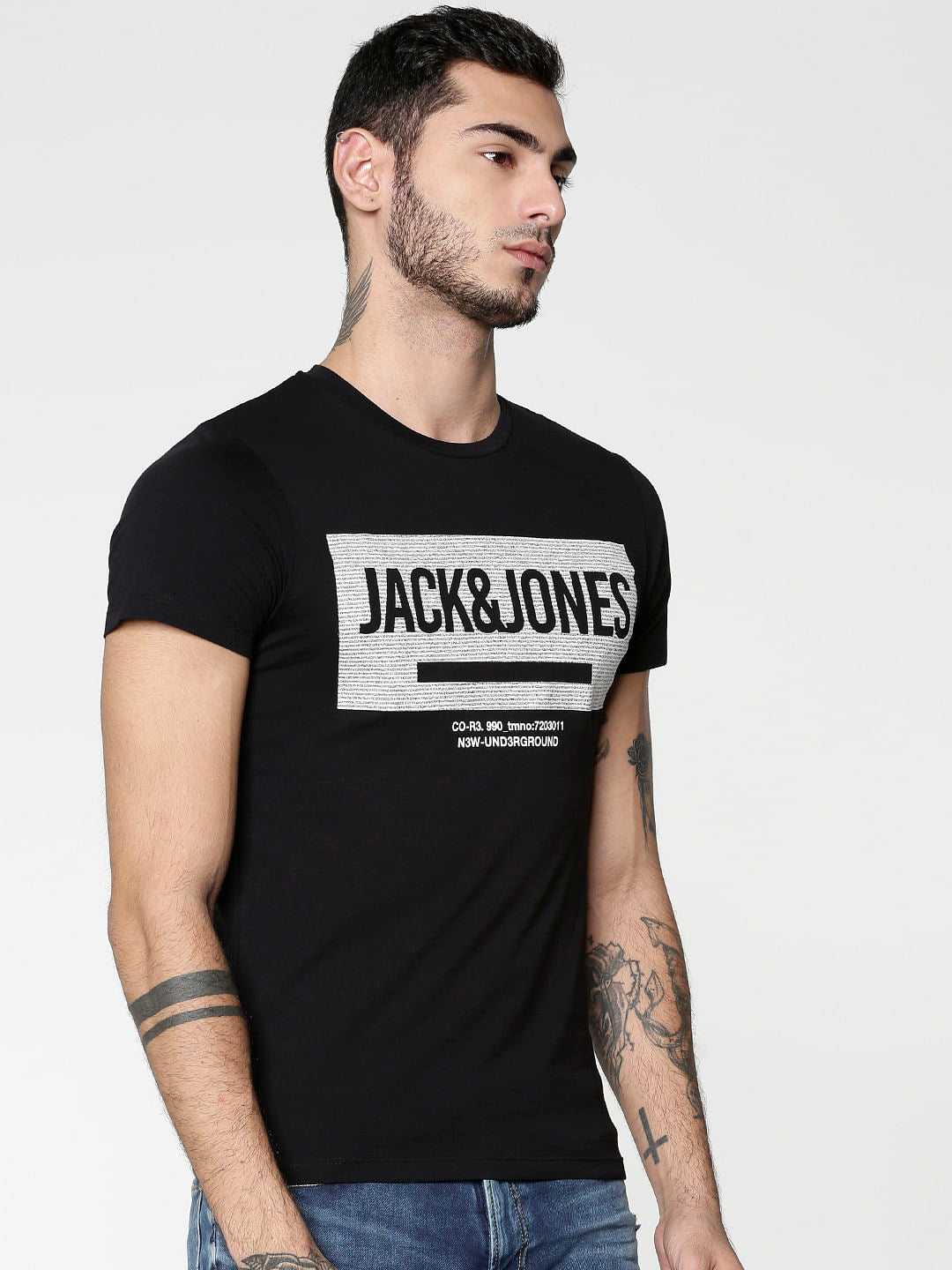 Black Text Print Slim Fit Crew Neck T-Shirt