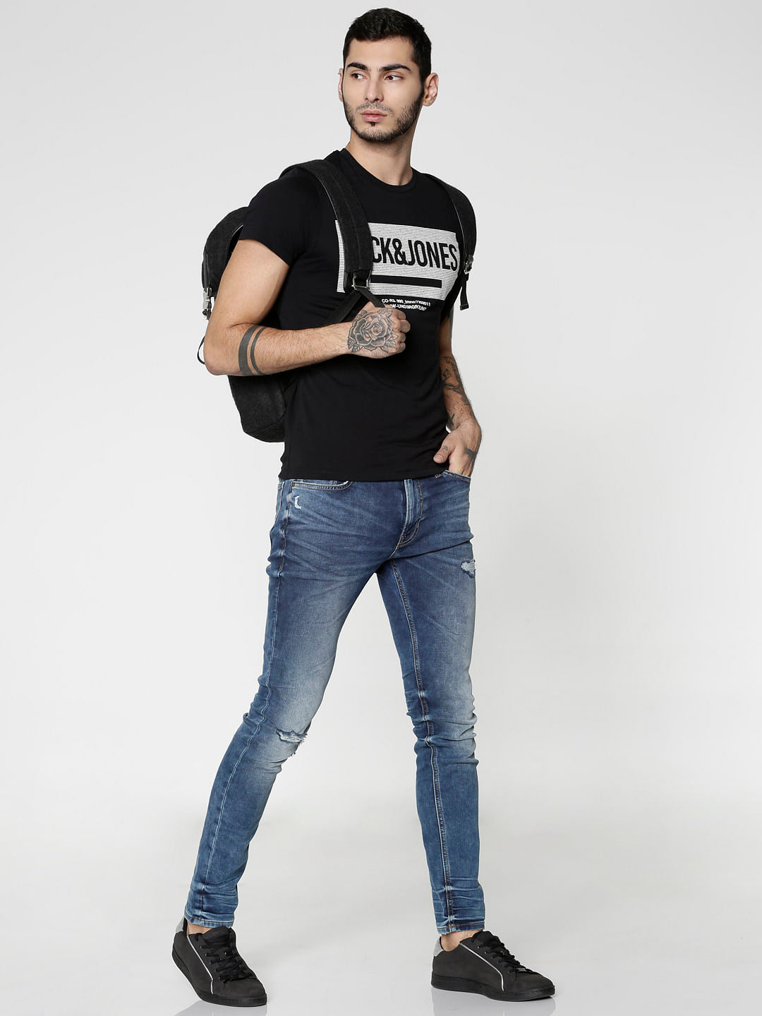 Black Text Print Slim Fit Crew Neck T-Shirt