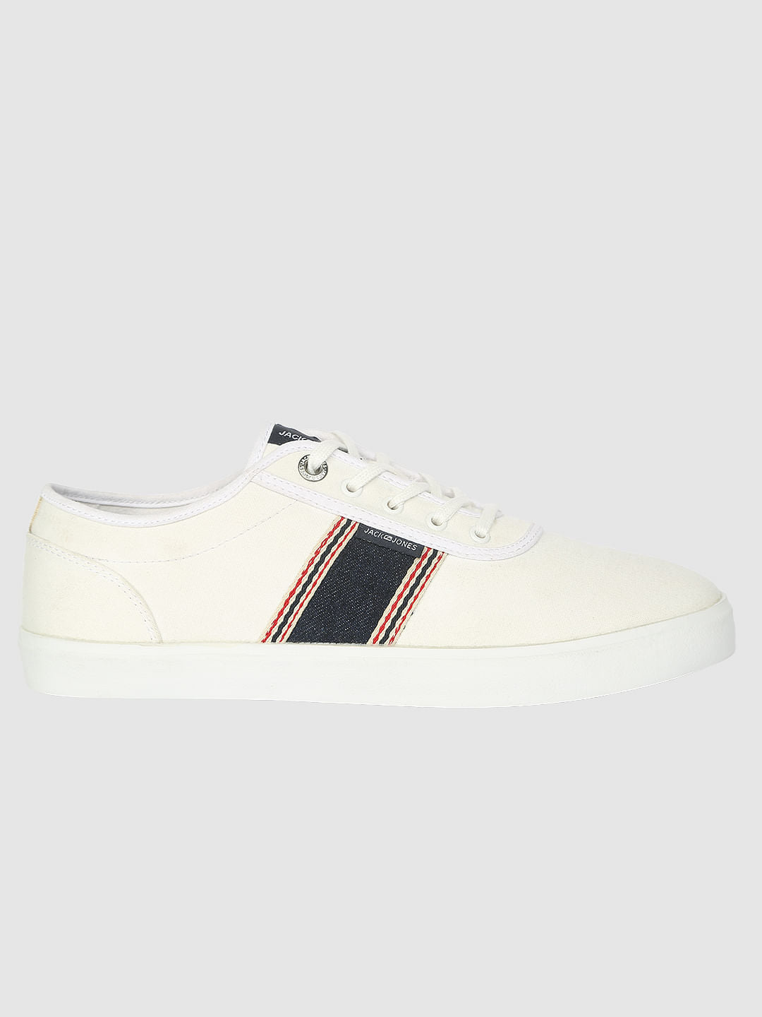 White Contrast Denim Striped Detail Lace Up Sneakers