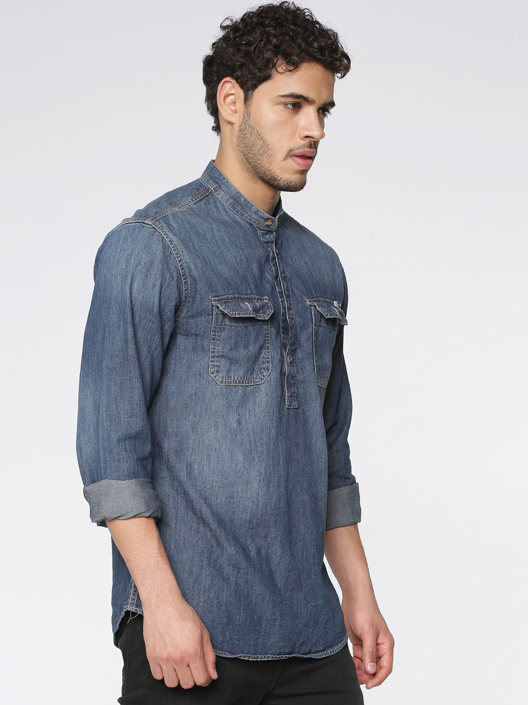 Blue Washed Effect Full Sleeves Denim Shirt