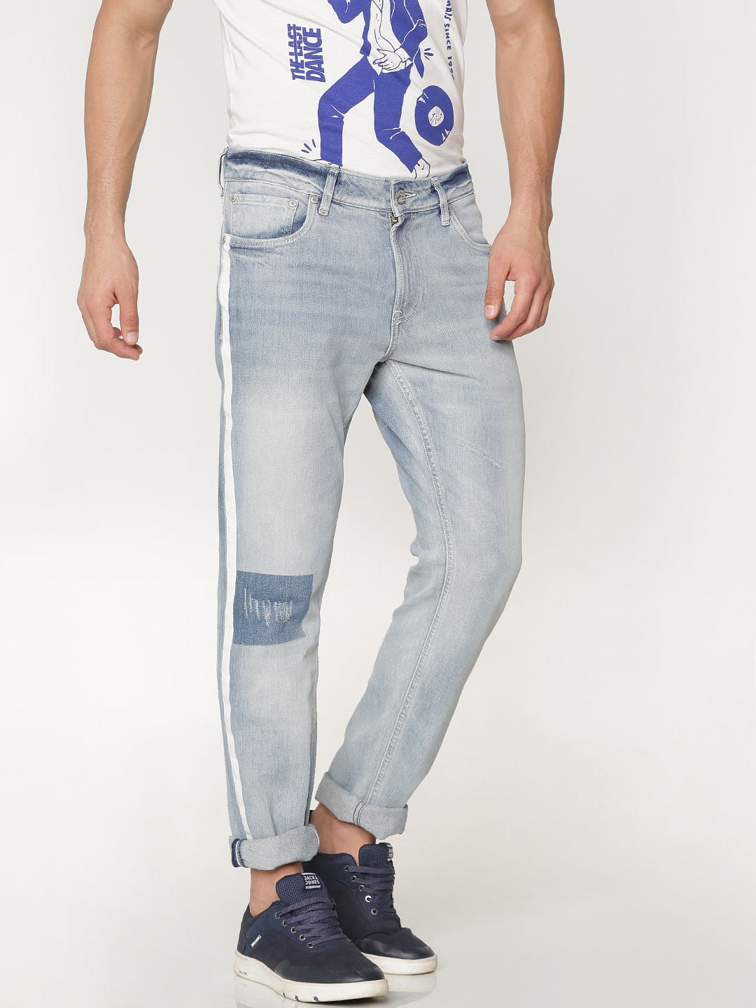 Boys Light Blue Side Tape And Knee Patch Detail Washed Ben Skinny Fit Jeans