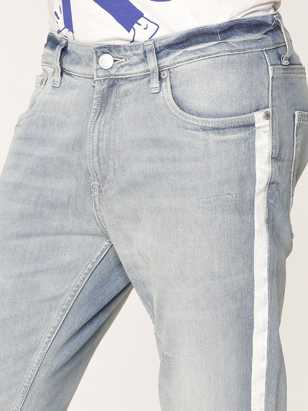 Boys Light Blue Side Tape And Knee Patch Detail Washed Ben Skinny Fit Jeans
