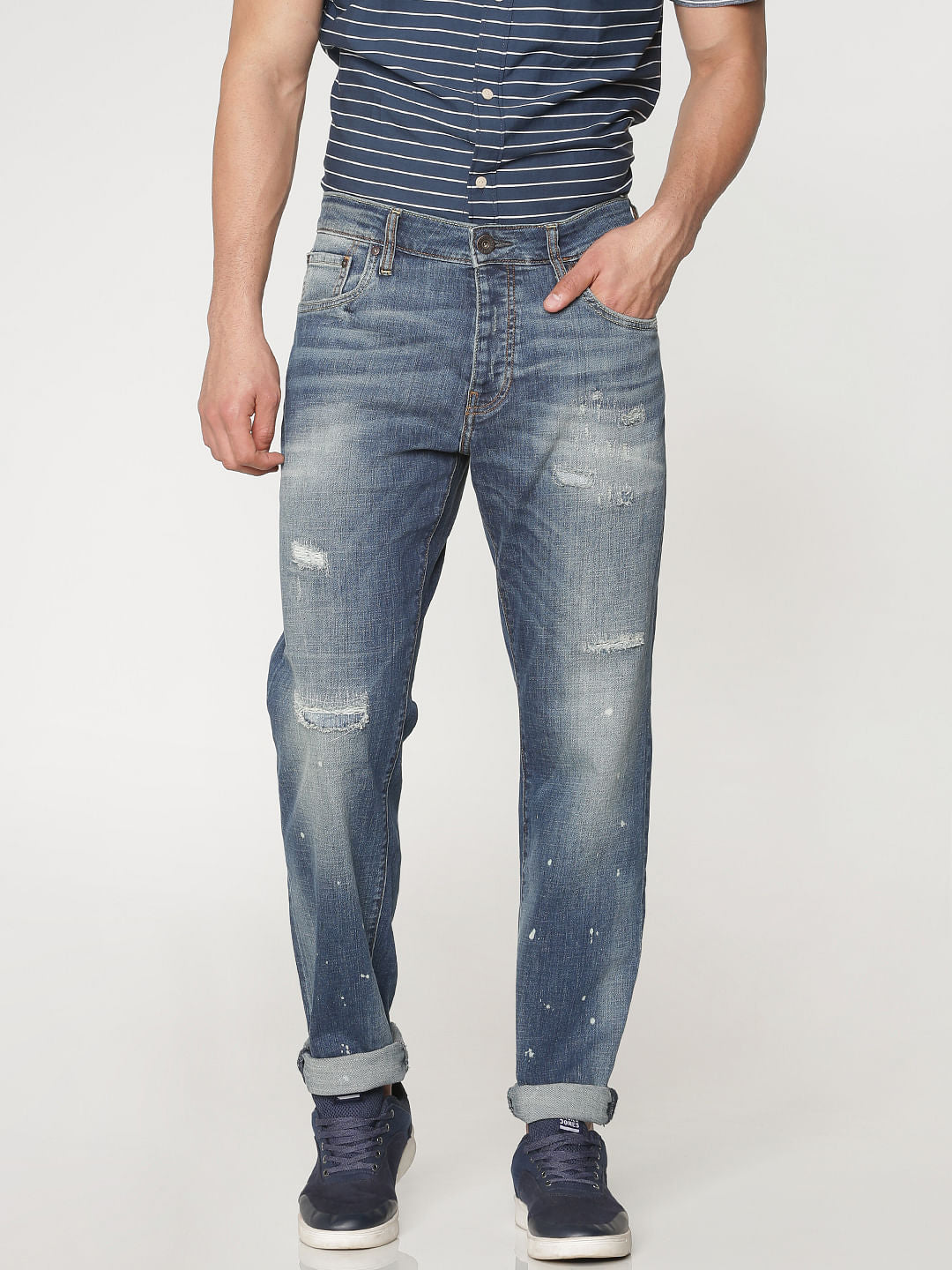 Blue Mildly Distressed Mike Regular Fit Jeans