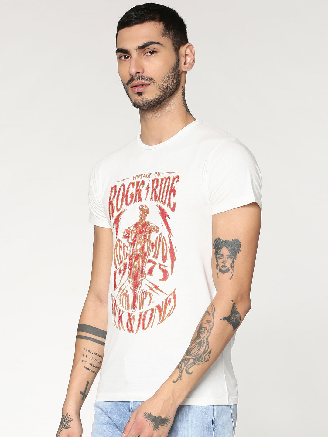 White Typographic Print Crew Neck T-Shirt