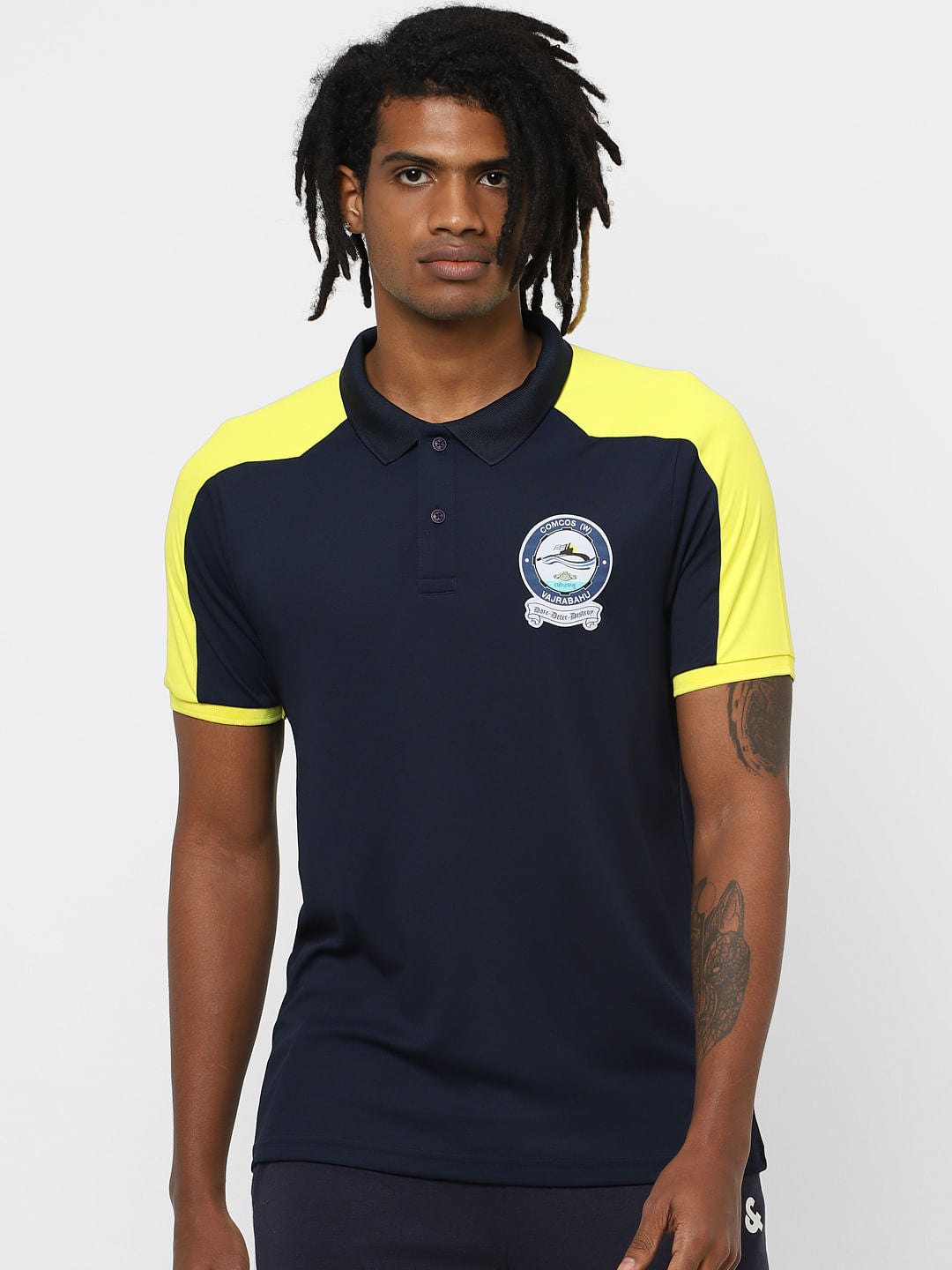 Blue Colourblocked Polo Neck T-shirt