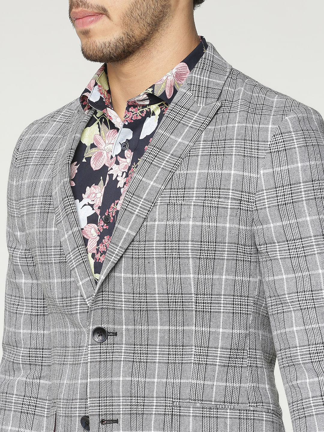Grey Checks Double Button Blazer