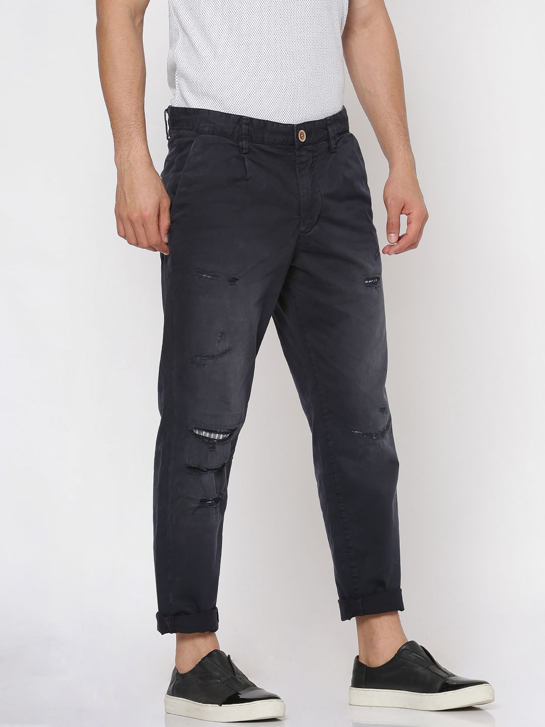 Navy Blue Ripped Anti Fit Pants