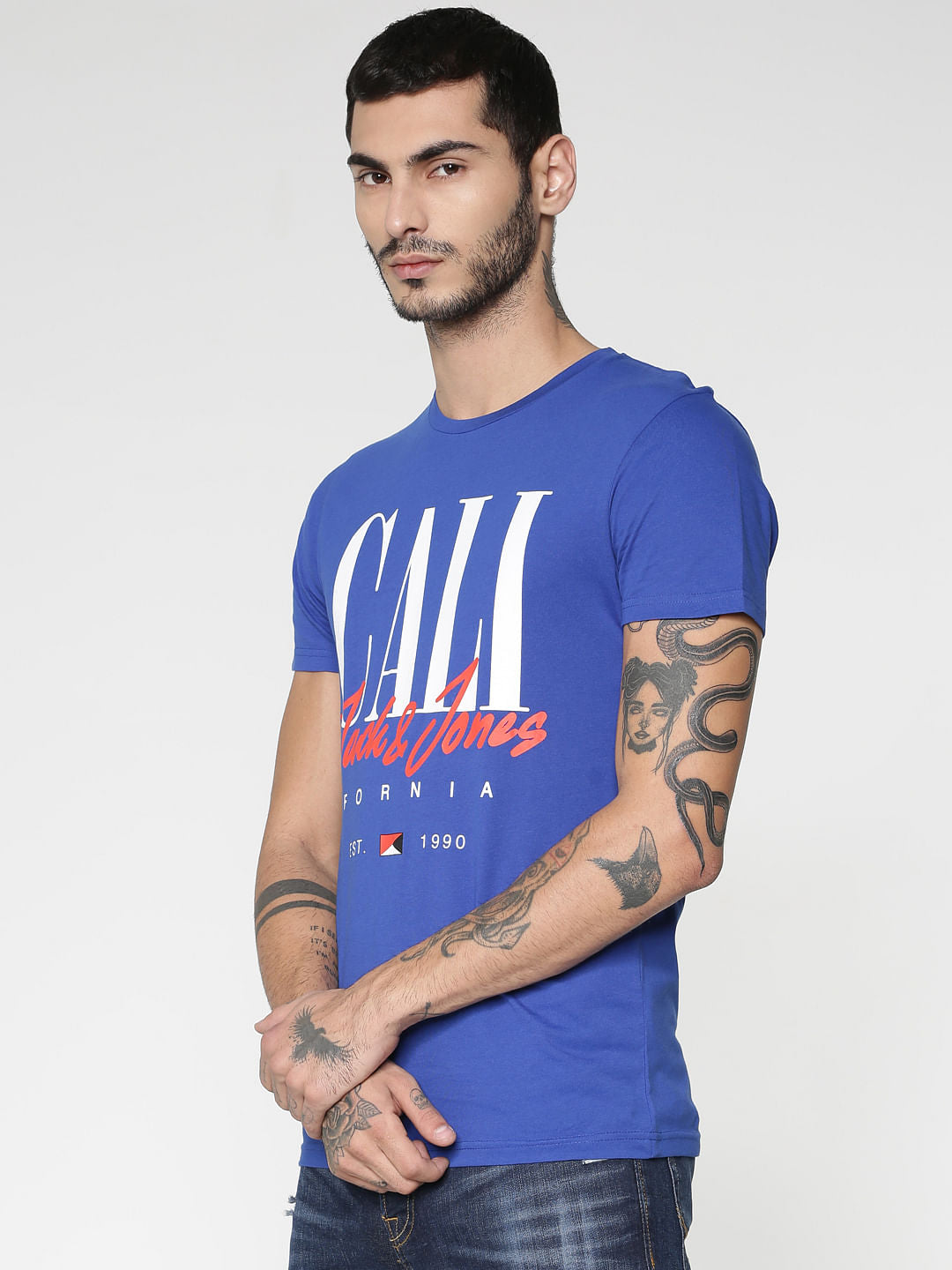 Blue Typographic Print Crew Neck T-Shirt