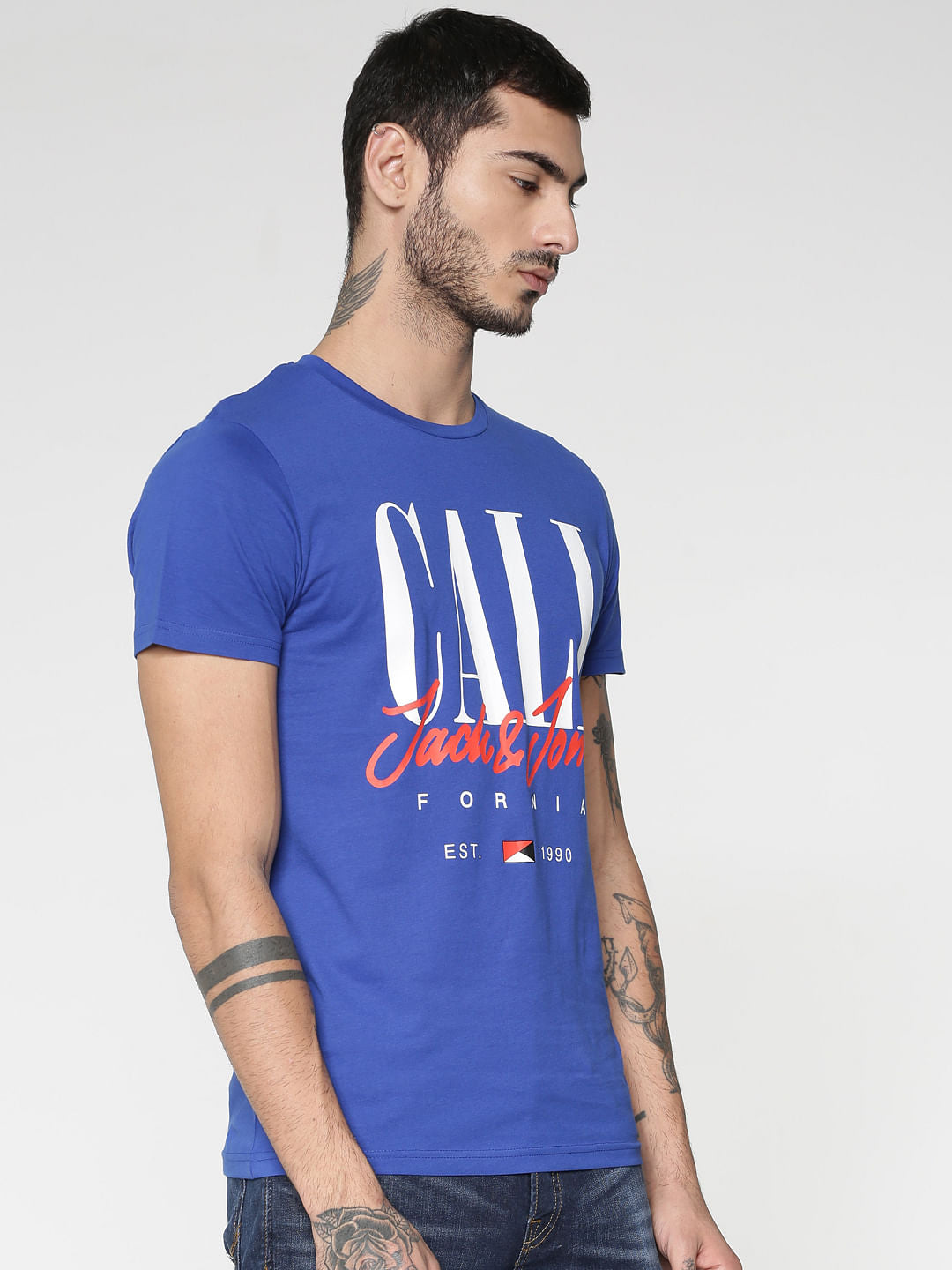 Blue Typographic Print Crew Neck T-Shirt