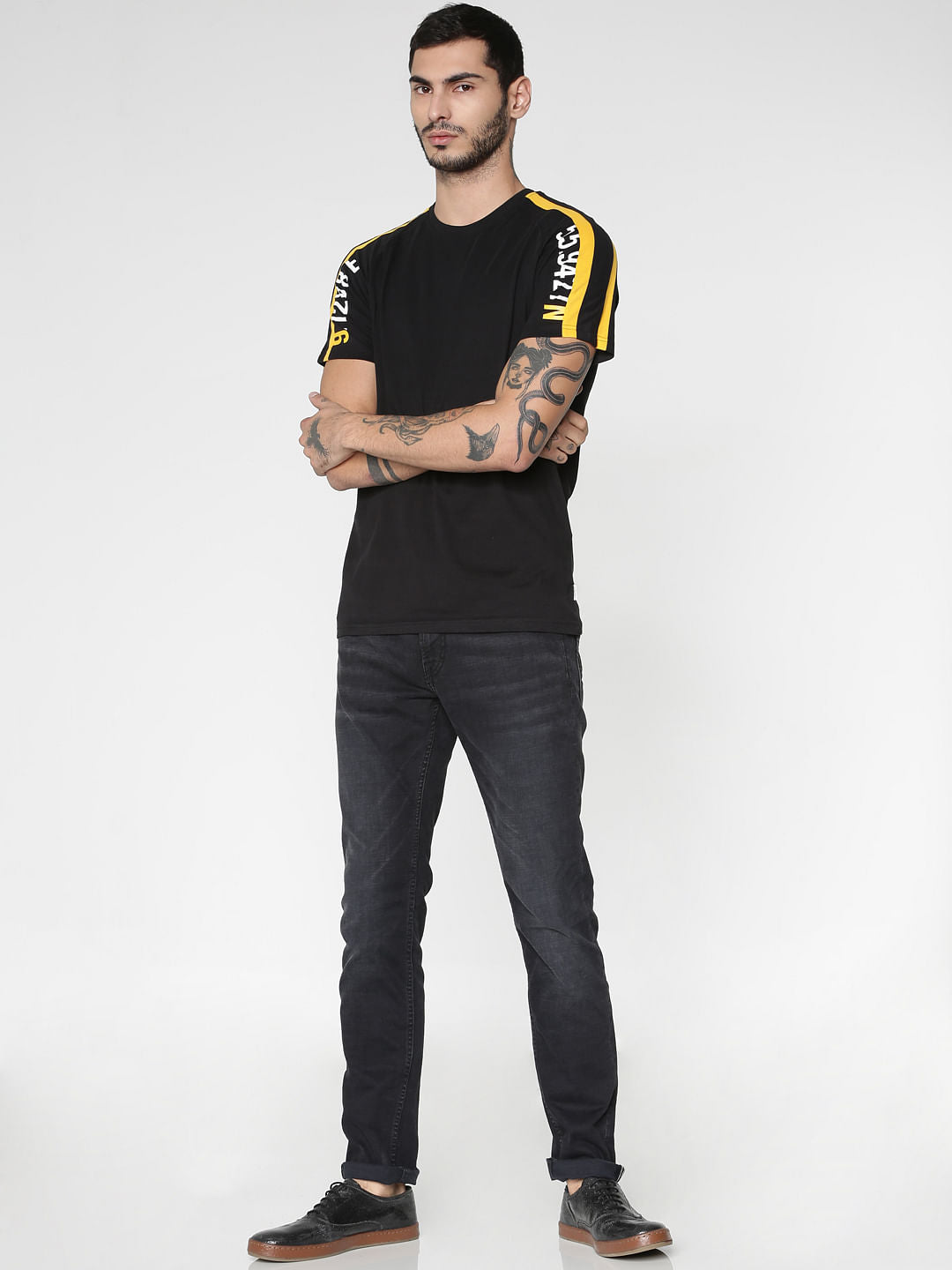 Black Colour Blocked Sleeve Crew Neck T-Shirt