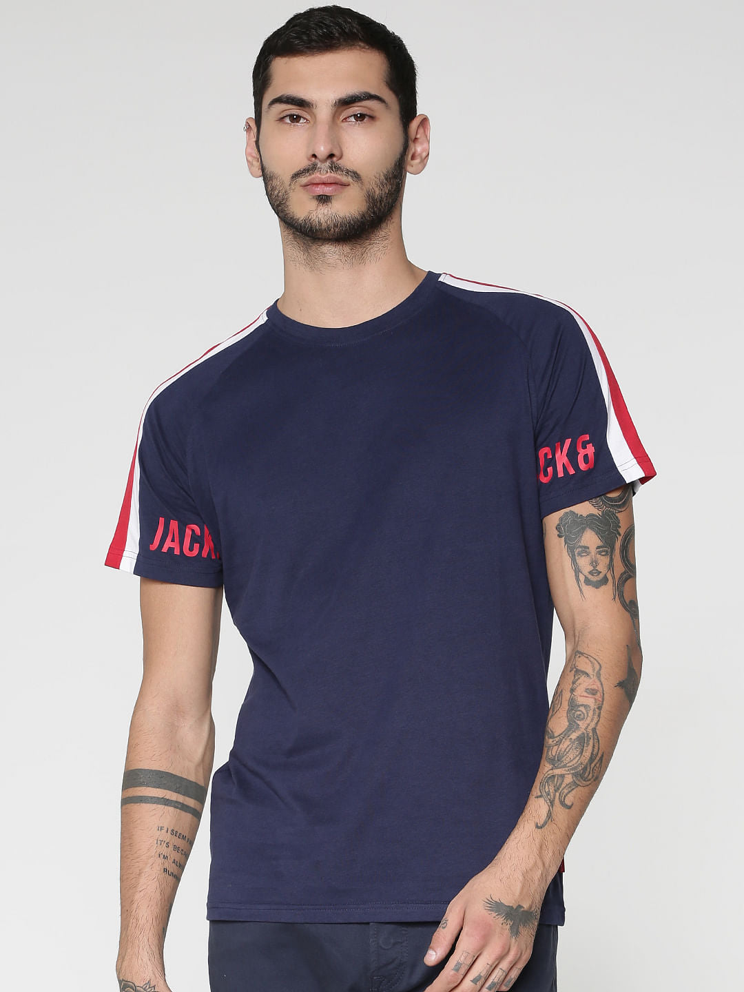 Blue Colour Blocked Sleeve Crew Neck T-Shirt