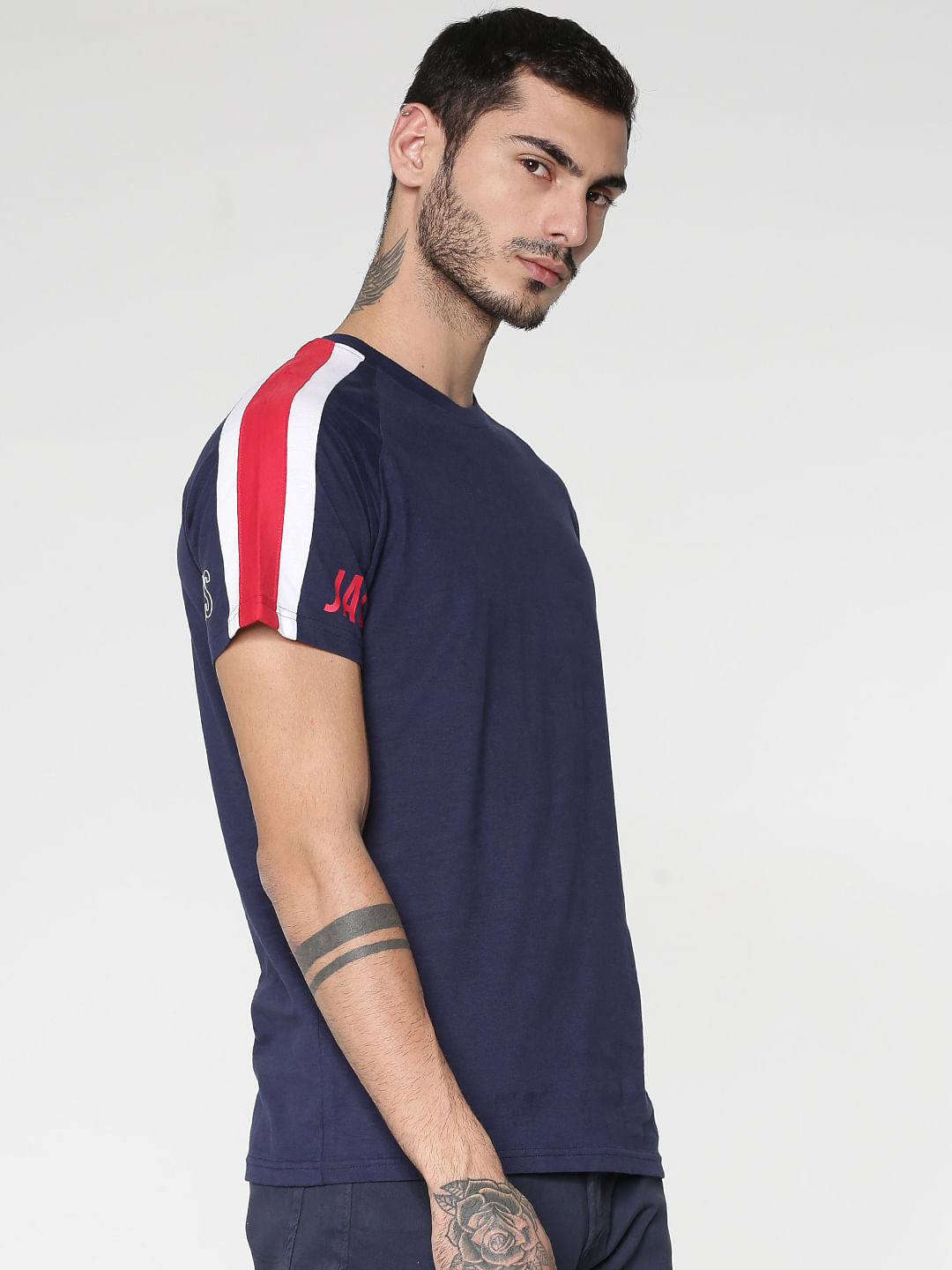 Blue Colour Blocked Sleeve Crew Neck T-Shirt