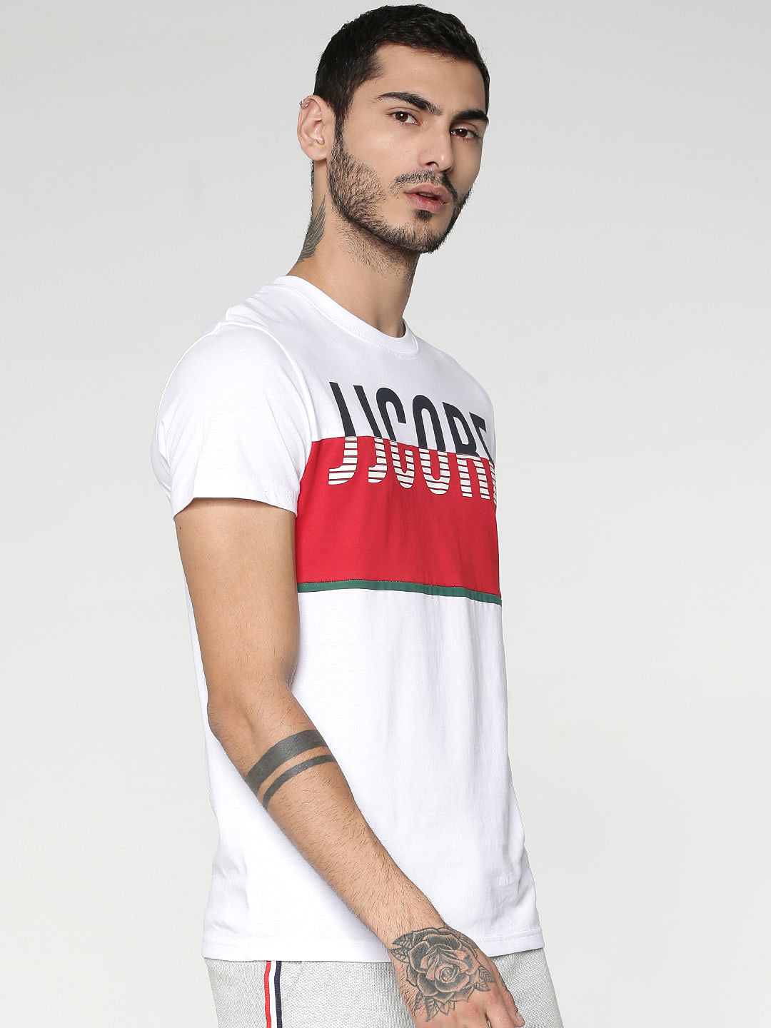 White Text Colour Blocked Print Crew Neck T-Shirt