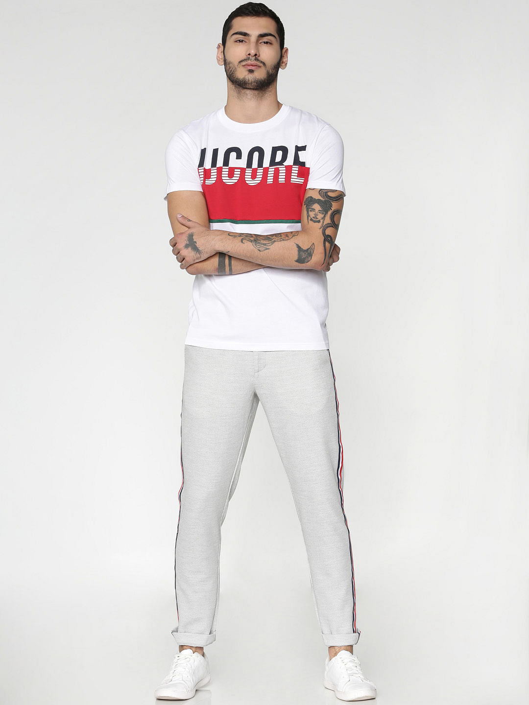 White Text Colour Blocked Print Crew Neck T-Shirt