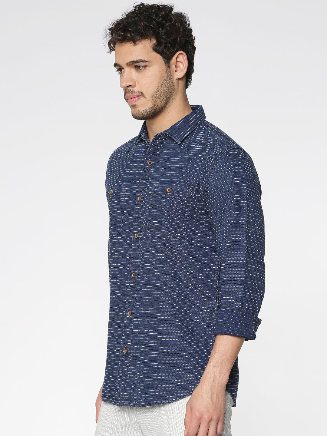 Dark Blue Striped Full Sleeves Shirt