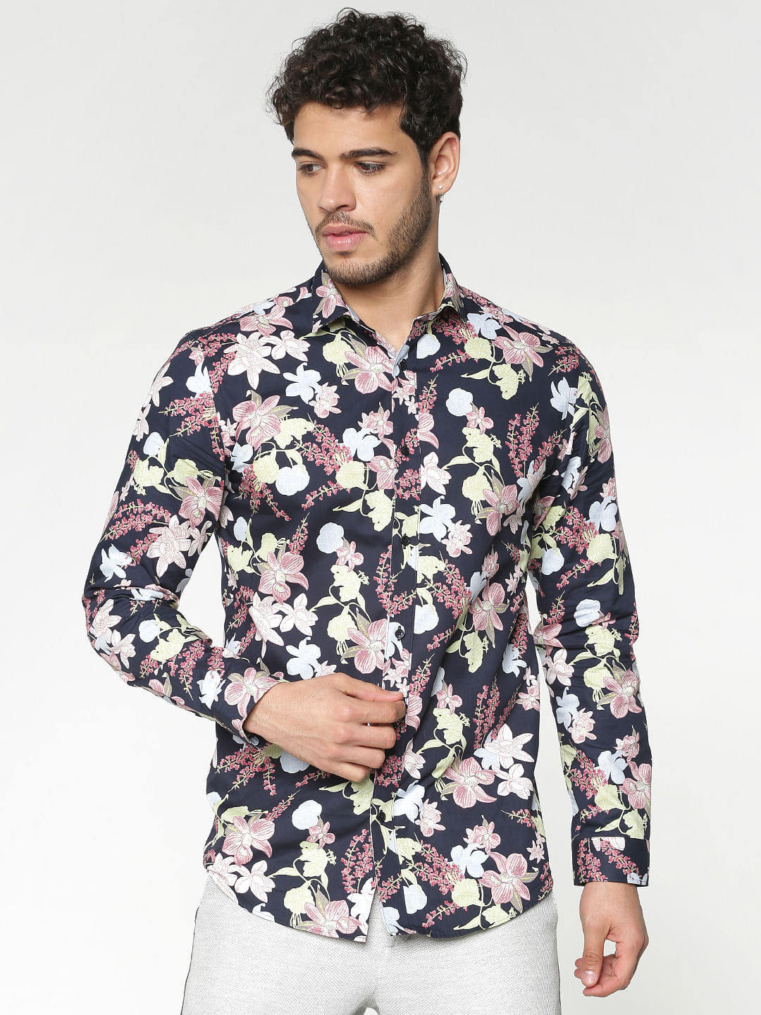 Navy Blue All Over Floral Print Full Sleeves Shirt