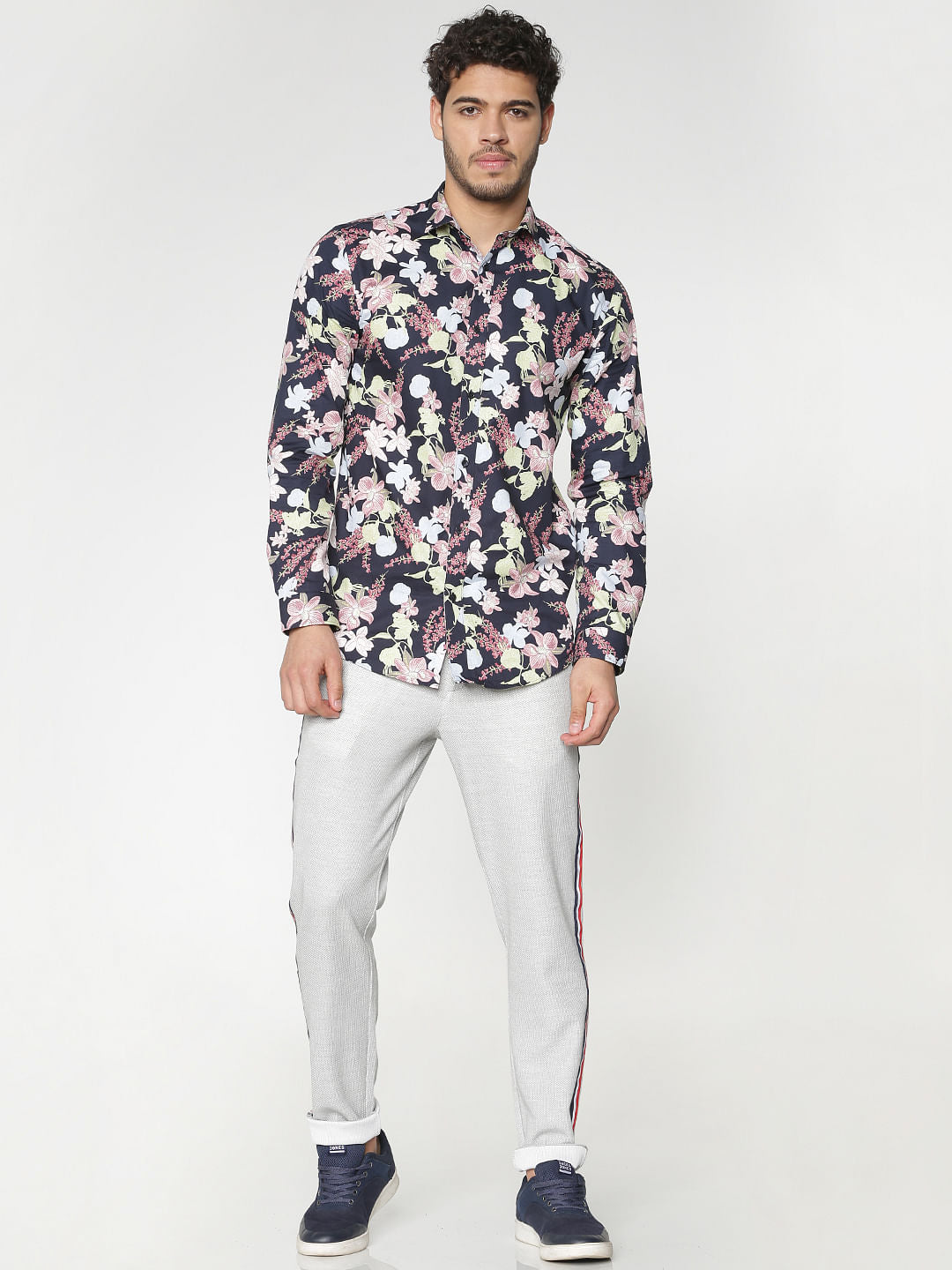 Navy Blue All Over Floral Print Full Sleeves Shirt