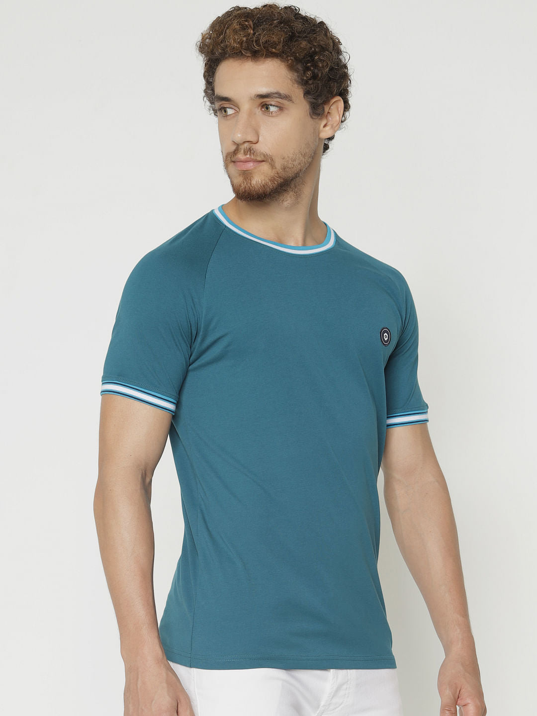 Blue Contrast Tipping Crew Neck T-Shirt