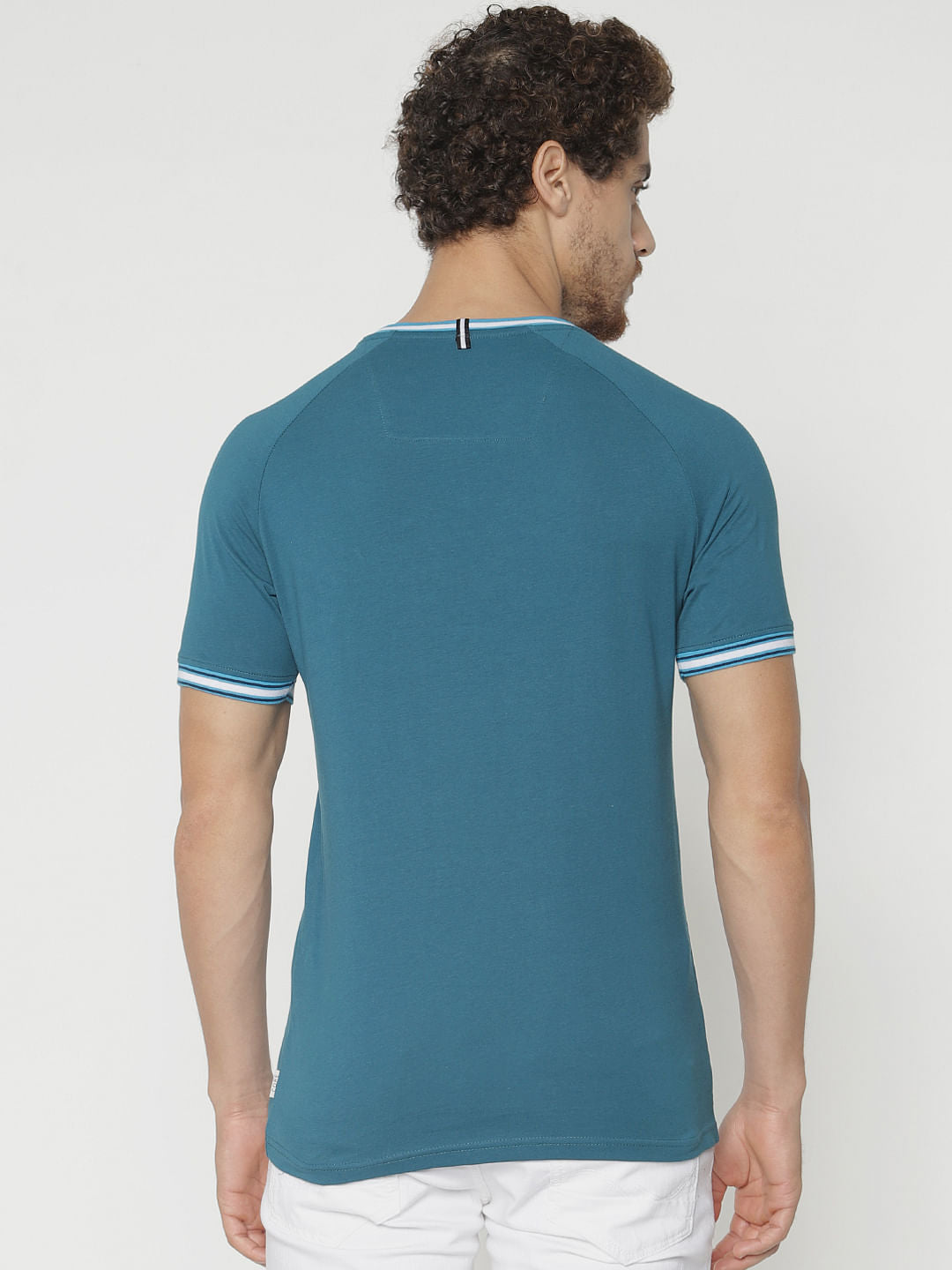 Blue Contrast Tipping Crew Neck T-Shirt