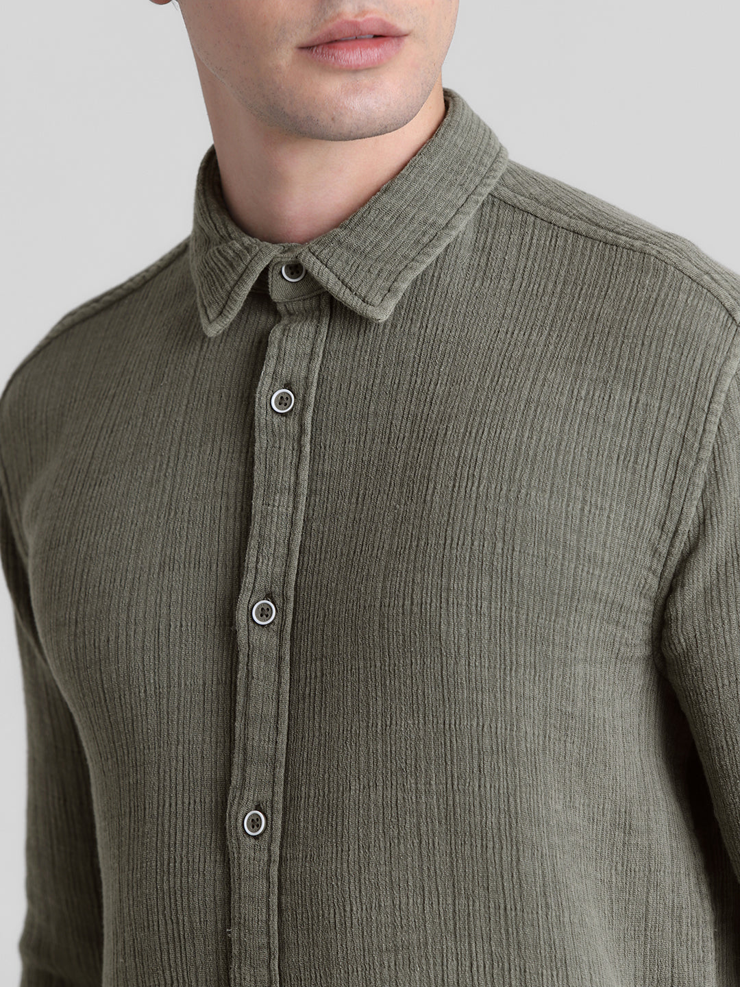 Men Ivy Green Textured Cotton Regular Fit Casual Shirt
