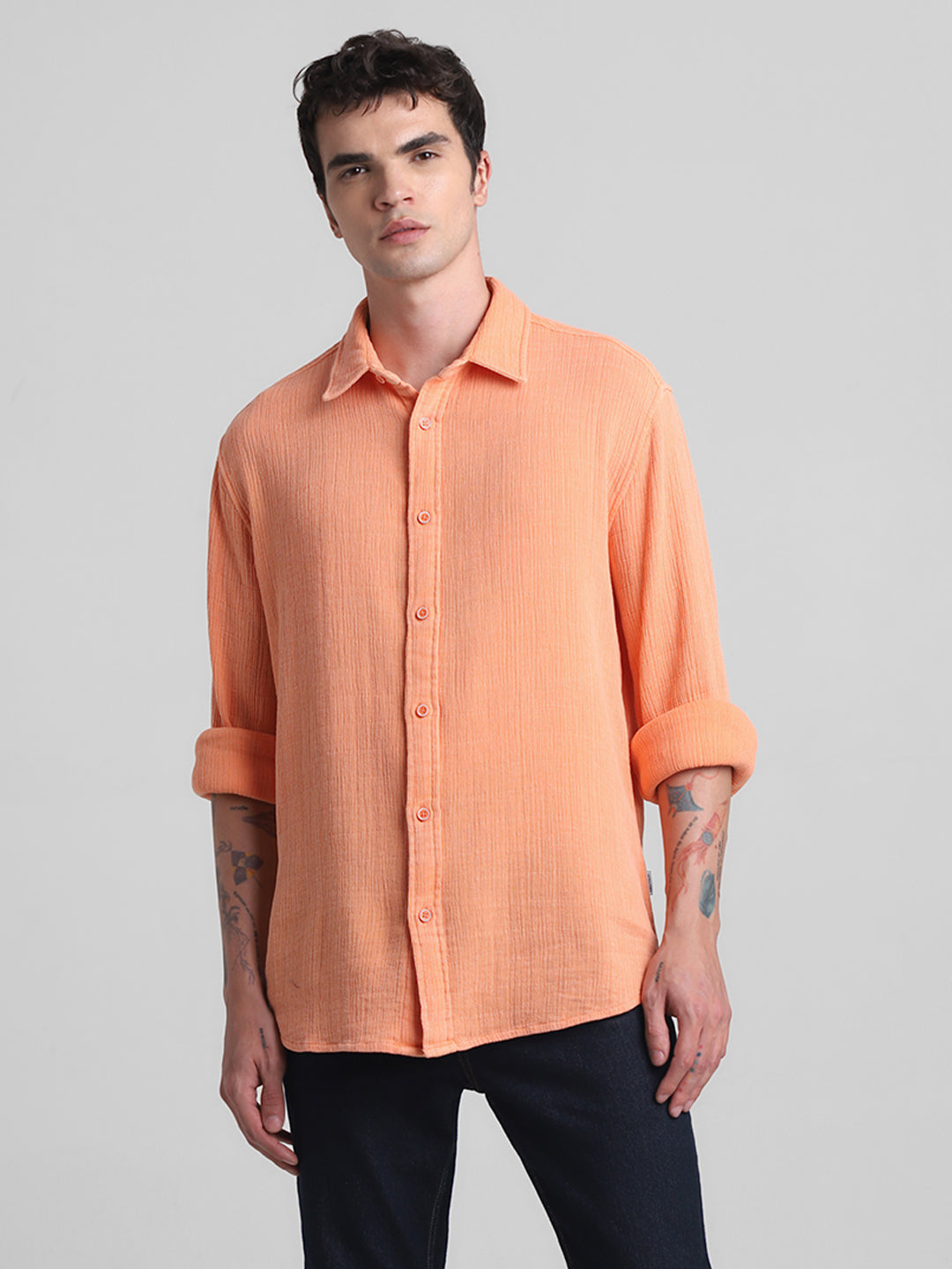 Men Orange Self Design Cotton Regular Fit Casual Shirt