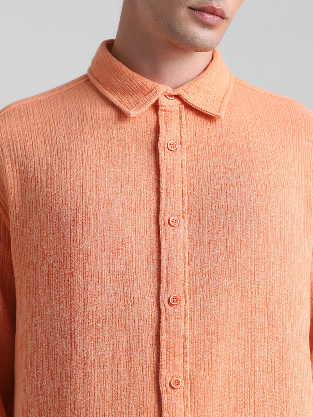 Men Orange Self Design Cotton Regular Fit Casual Shirt