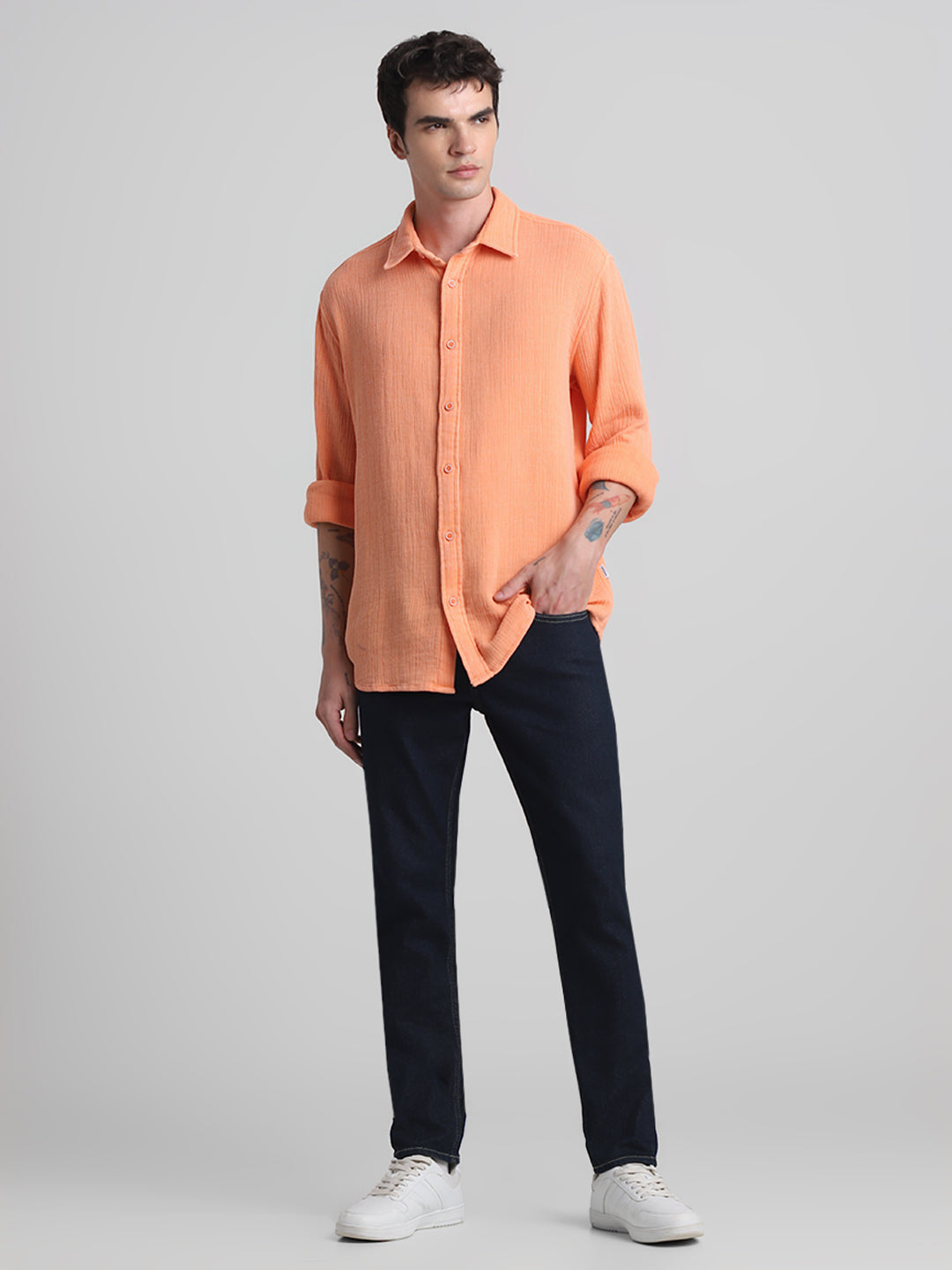 Men Orange Self Design Cotton Regular Fit Casual Shirt