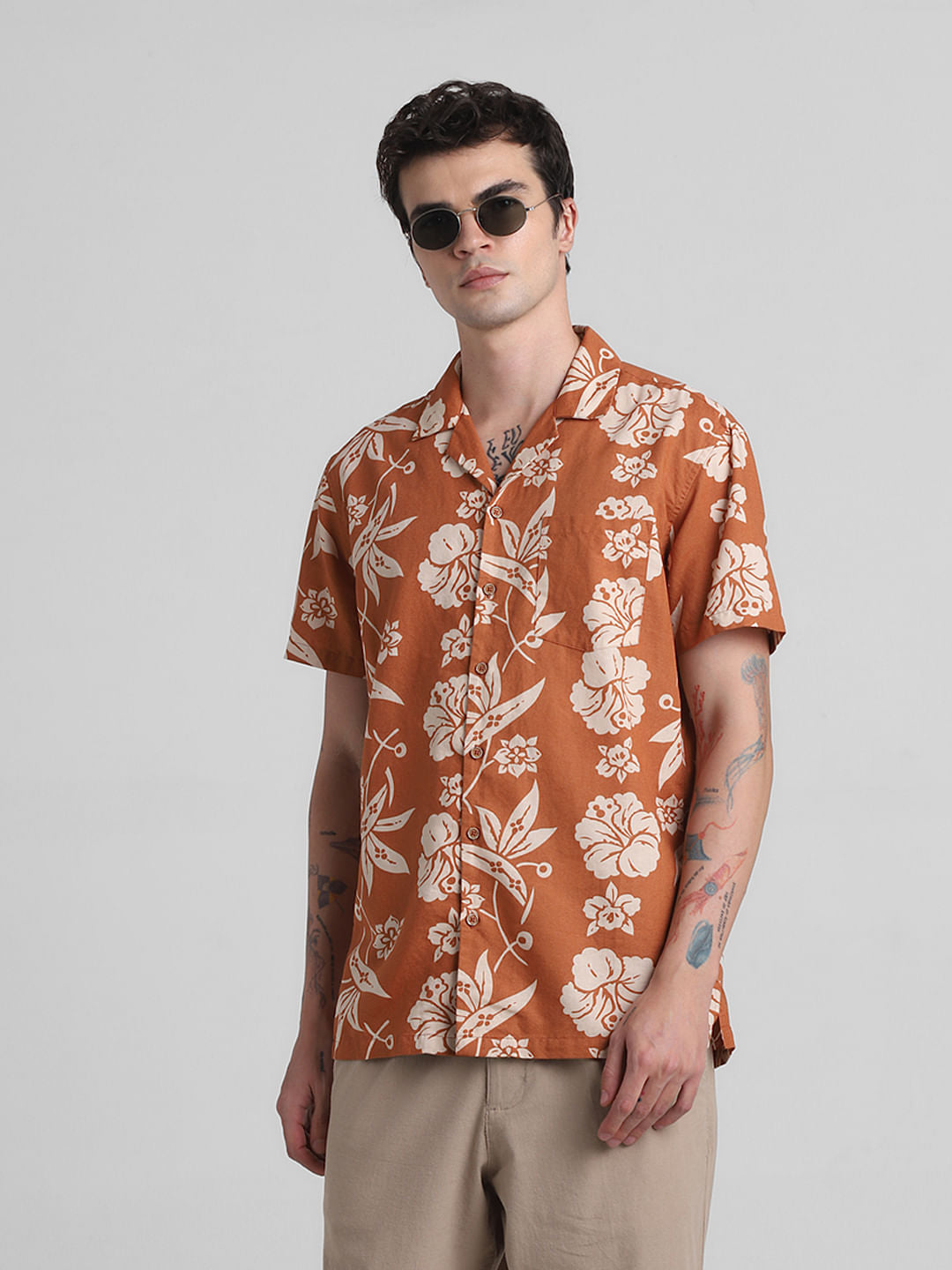 Orange Floral Linen Shirt