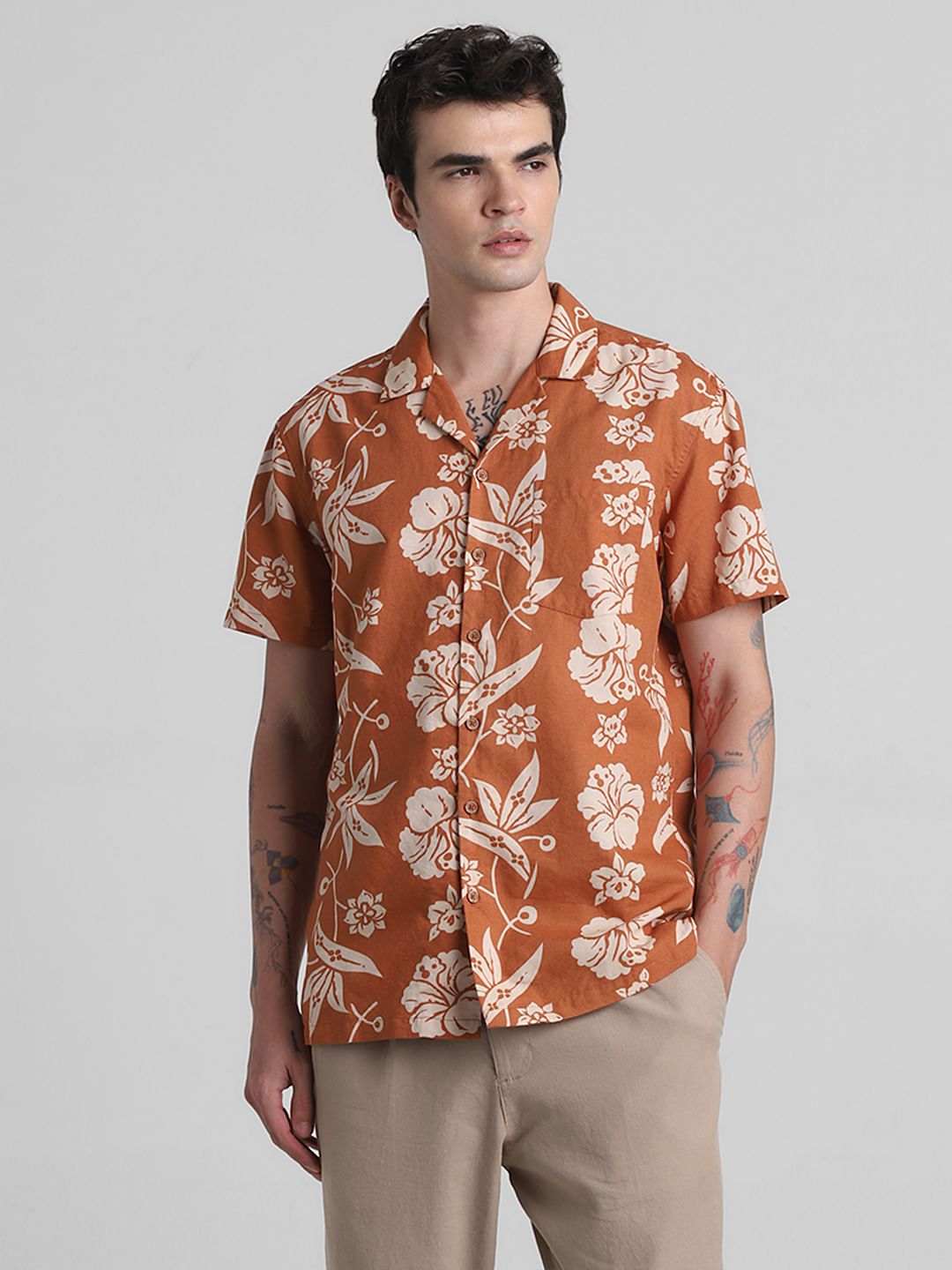 Orange Floral Linen Shirt