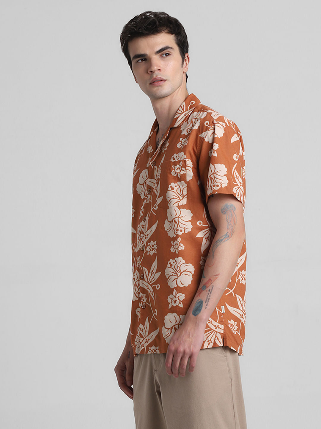 Orange Floral Linen Shirt