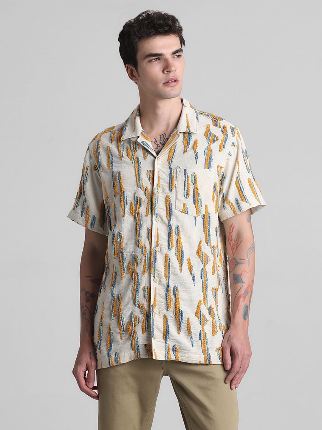 Beige Embroidered Short Sleeves Shirt