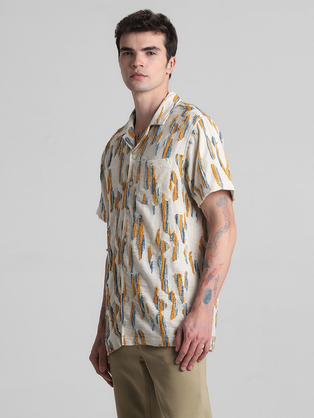 Beige Embroidered Short Sleeves Shirt